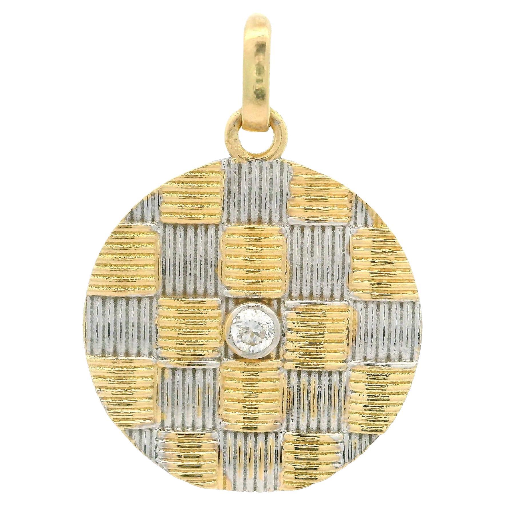Ciondolo con ciondolo a forma di cesto di diamanti a trama rotonda in oro giallo e bianco da 0,06 ct.