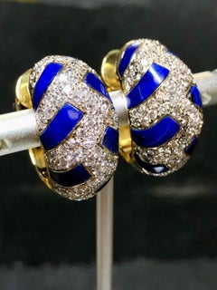 Estate 18K Yellow White Gold Diamond Lapis Inlay Shrimp Huggie Earrings 3.15ctw