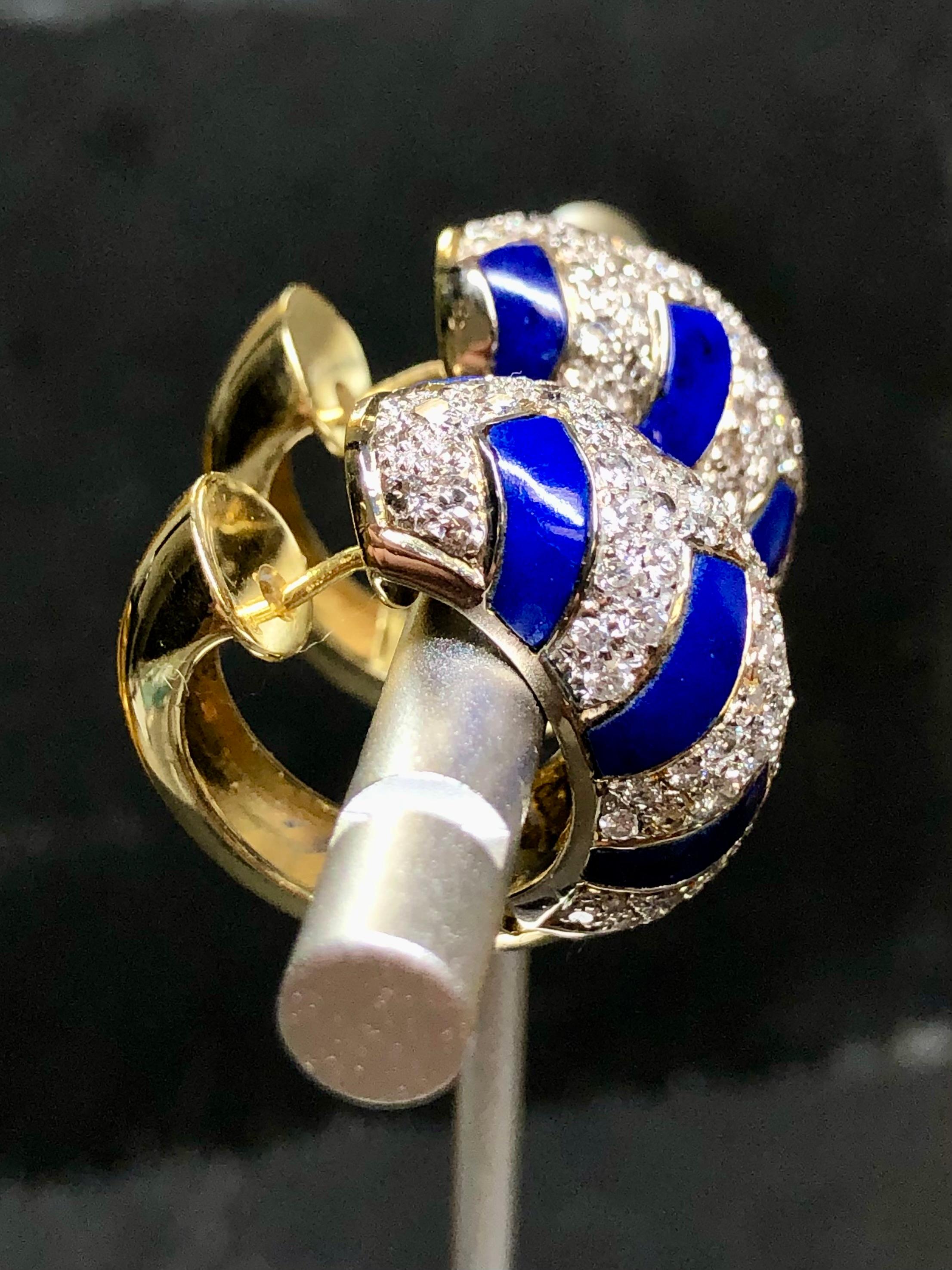 Contemporary Estate 18K Yellow White Gold Diamond Lapis Inlay Shrimp Huggie Earrings 3.15ctw For Sale