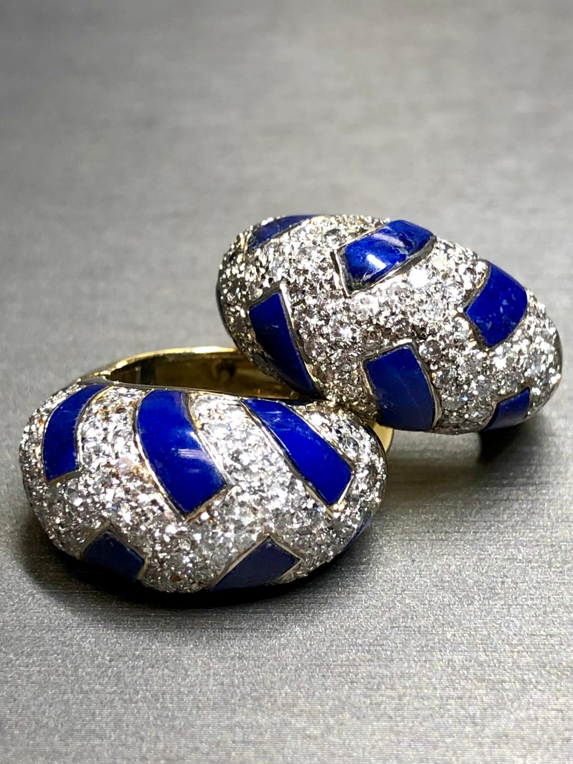 Estate 18K Yellow White Gold Diamond Lapis Inlay Shrimp Huggie Earrings 3.15ctw In Good Condition For Sale In Winter Springs, FL