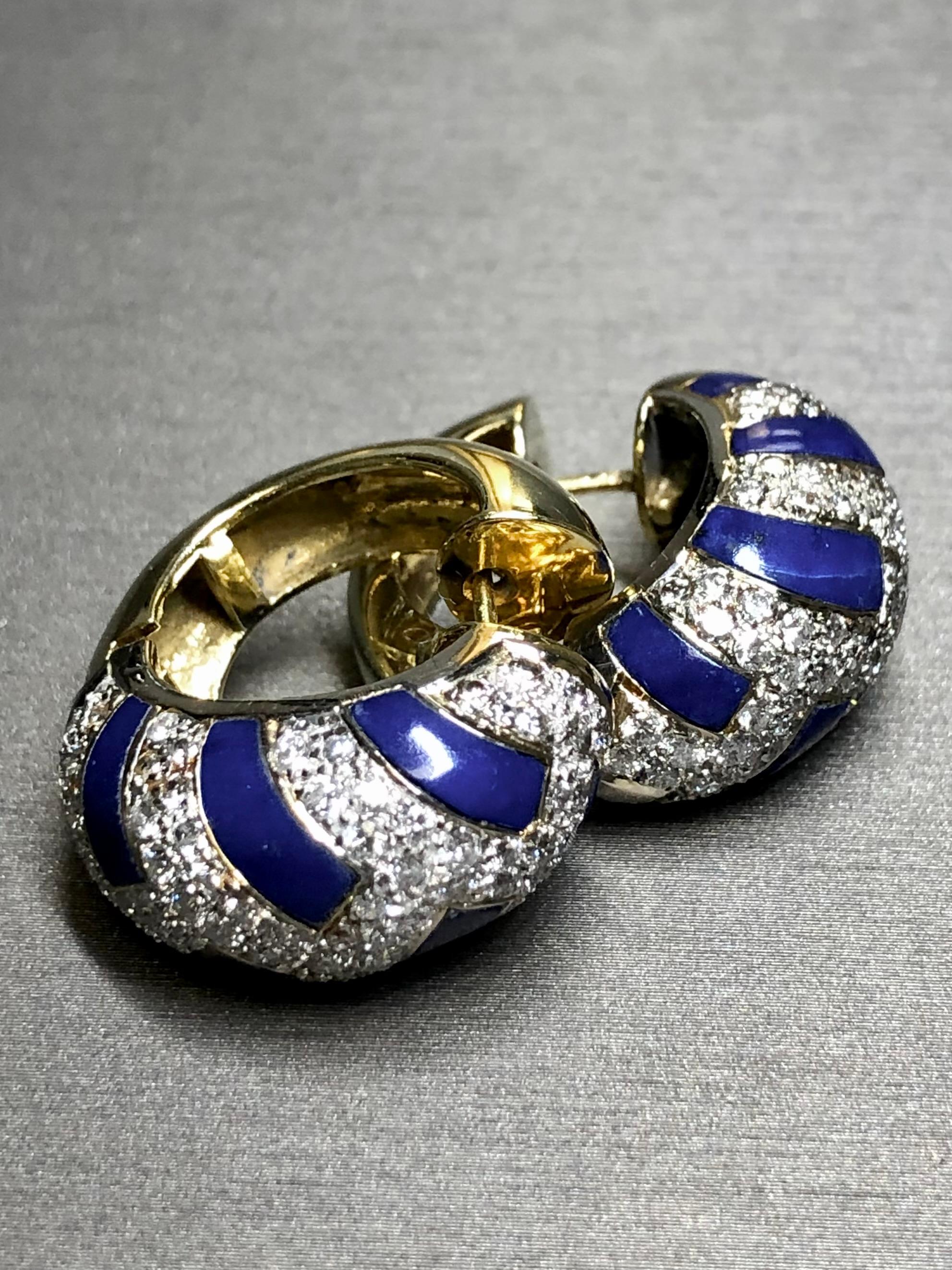 Women's or Men's Estate 18K Yellow White Gold Diamond Lapis Inlay Shrimp Huggie Earrings 3.15ctw For Sale