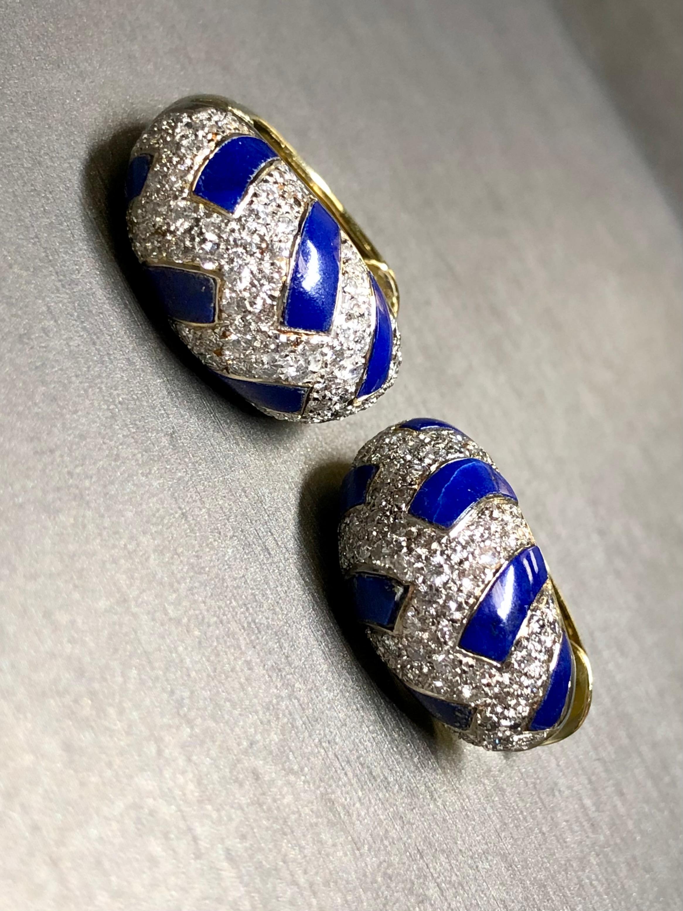 Estate 18K Yellow White Gold Diamond Lapis Inlay Shrimp Huggie Earrings 3.15ctw For Sale 1