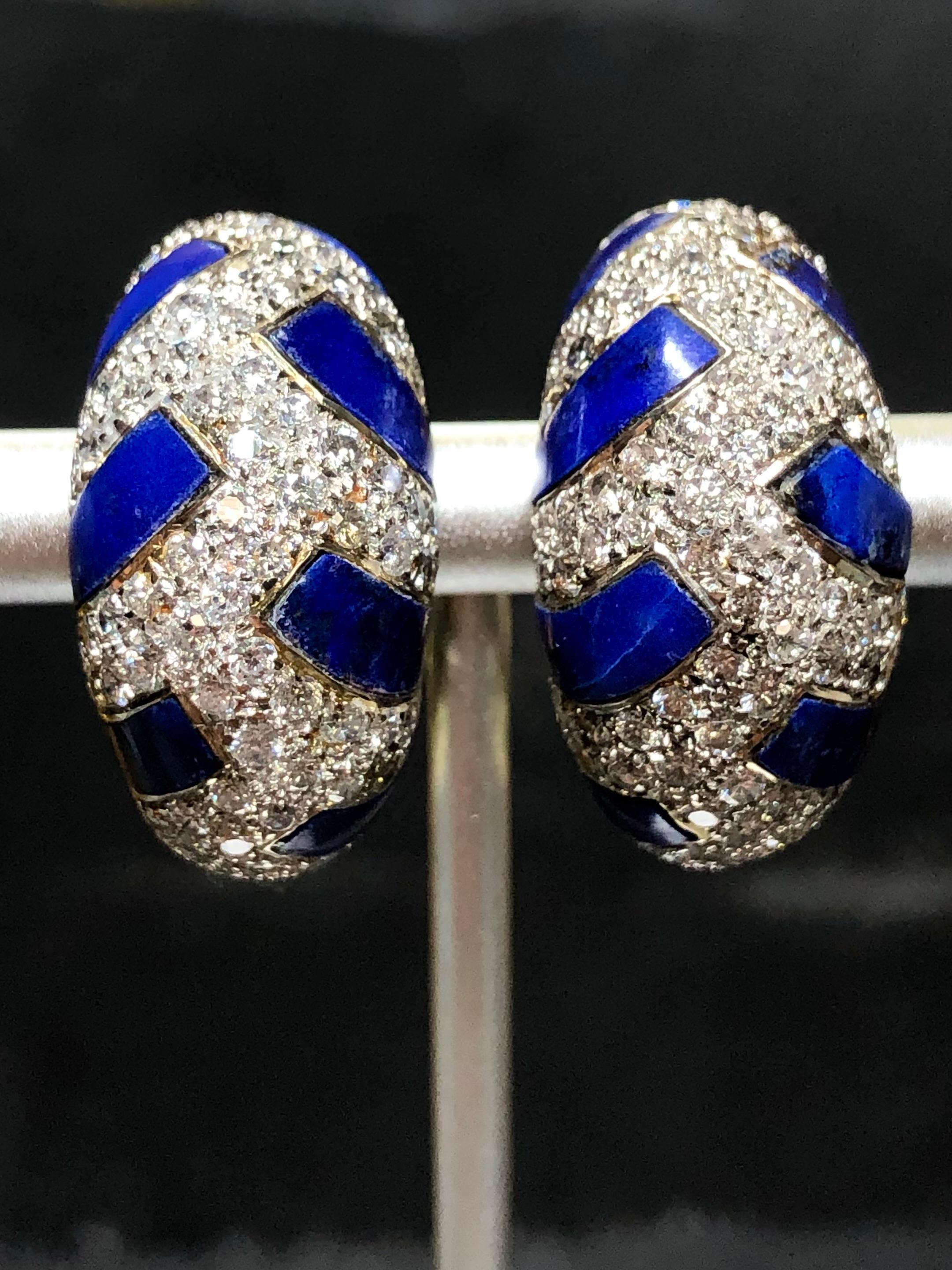 Estate 18K Yellow White Gold Diamond Lapis Inlay Shrimp Huggie Earrings 3.15ctw For Sale 2
