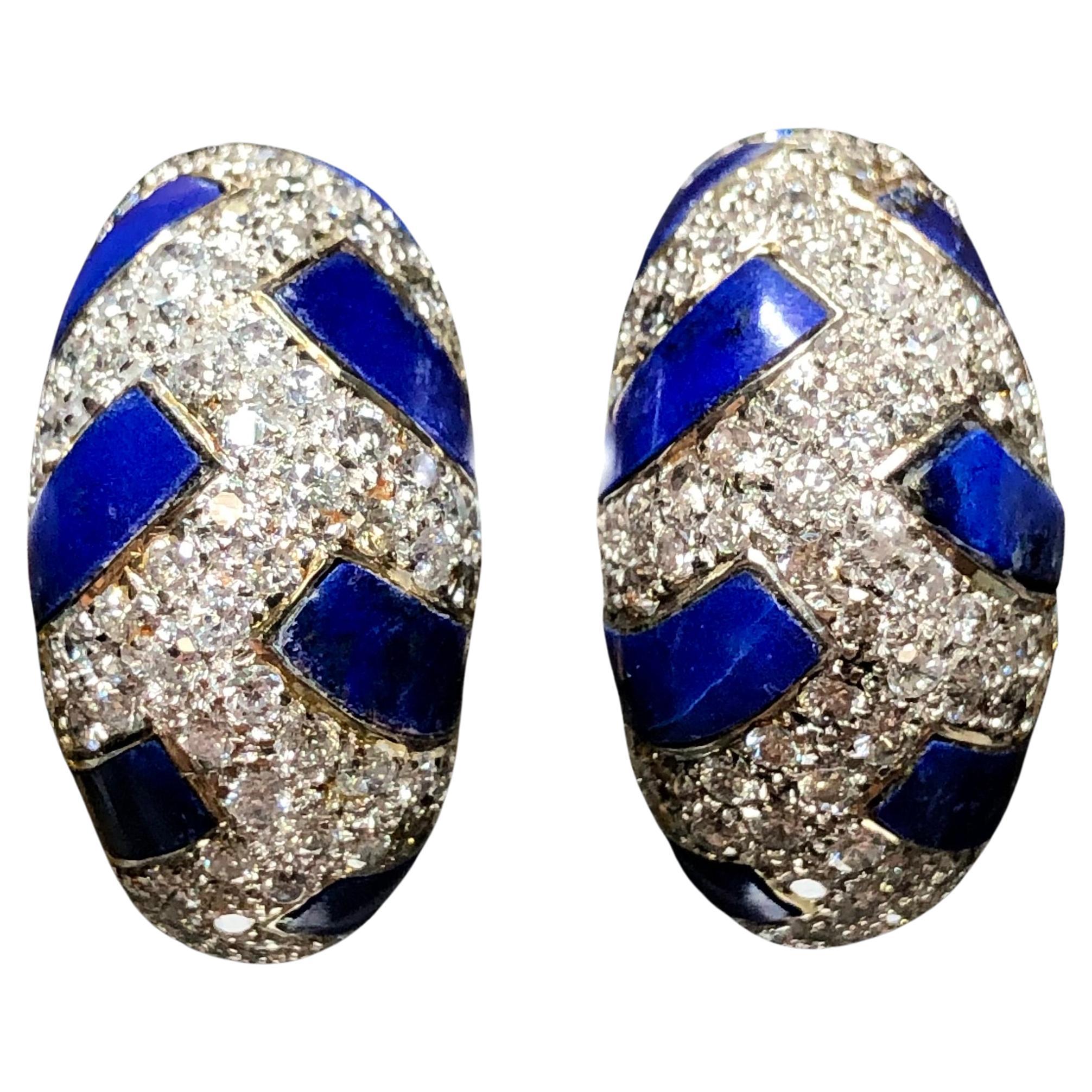 Estate 18K Yellow White Gold Diamond Lapis Inlay Shrimp Huggie Earrings 3.15ctw