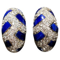 Estate 18K Yellow White Gold Diamond Lapis Inlay Shrimp Huggie Earrings 3.15ctw