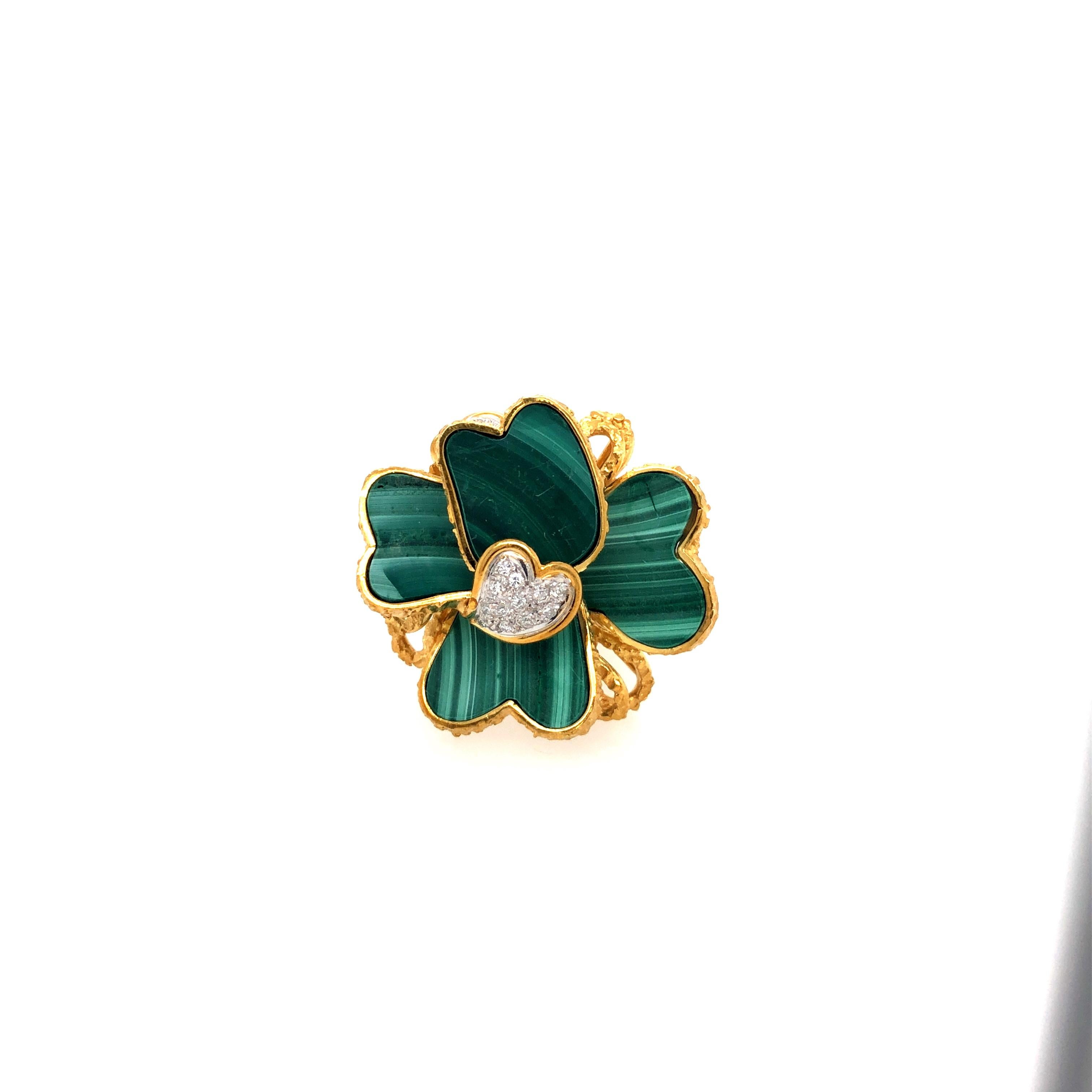 Round Cut Estate 18 Karat Toliro Gold Diamond Malachite Flower Motif Ring