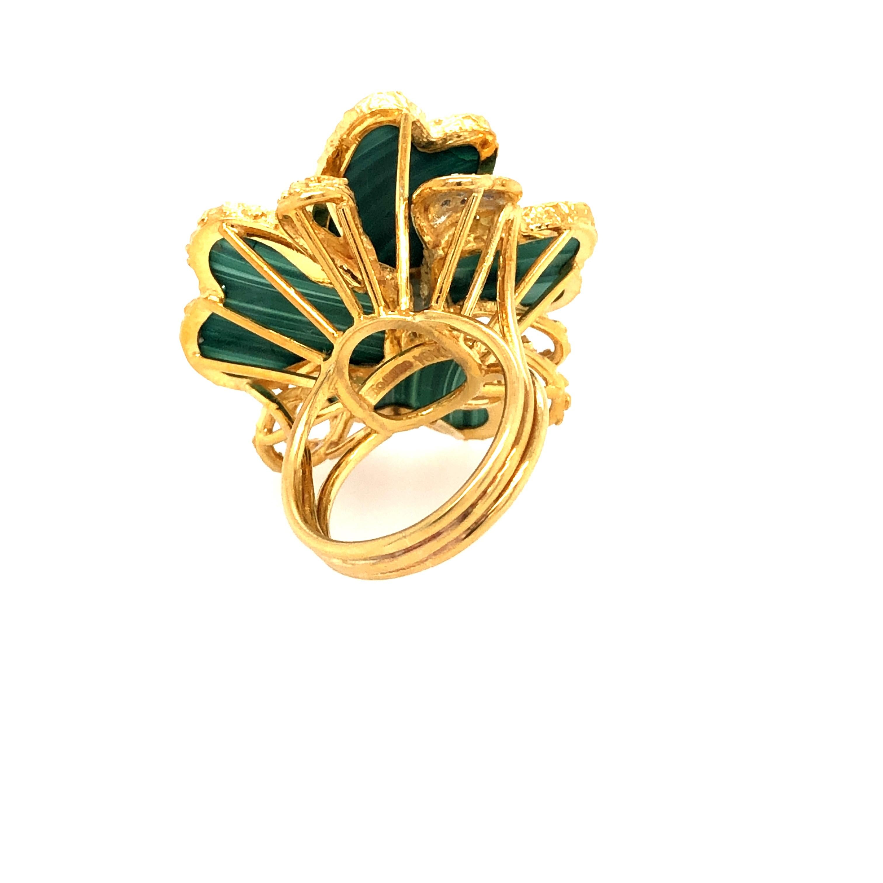 Estate 18 Karat Toliro Gold Diamond Malachite Flower Motif Ring In Good Condition In Miami, FL