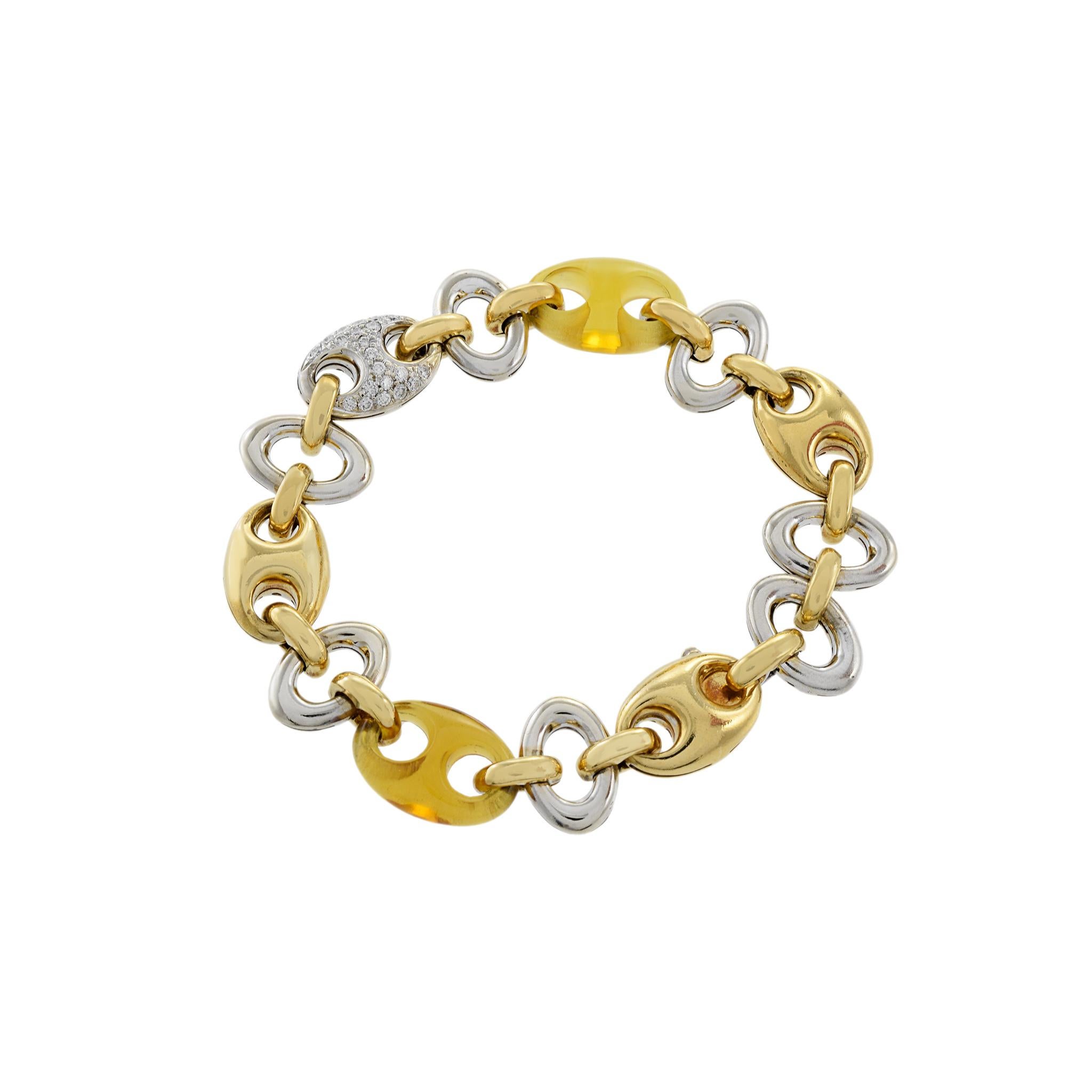 Retro Estate 18KT Two Tone Gold Amber And Diamond Link Bracelet
