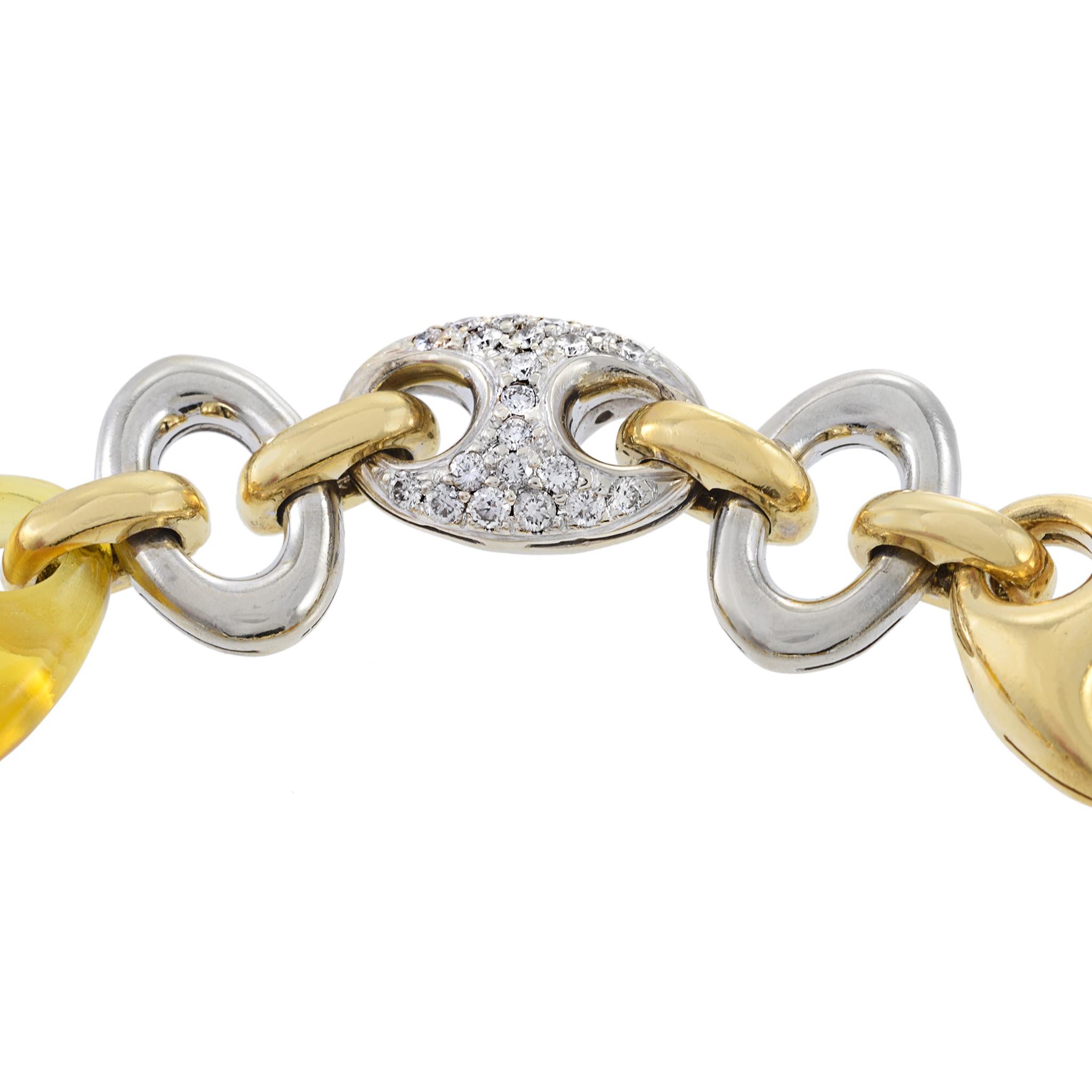 Round Cut Estate 18KT Two Tone Gold Amber And Diamond Link Bracelet