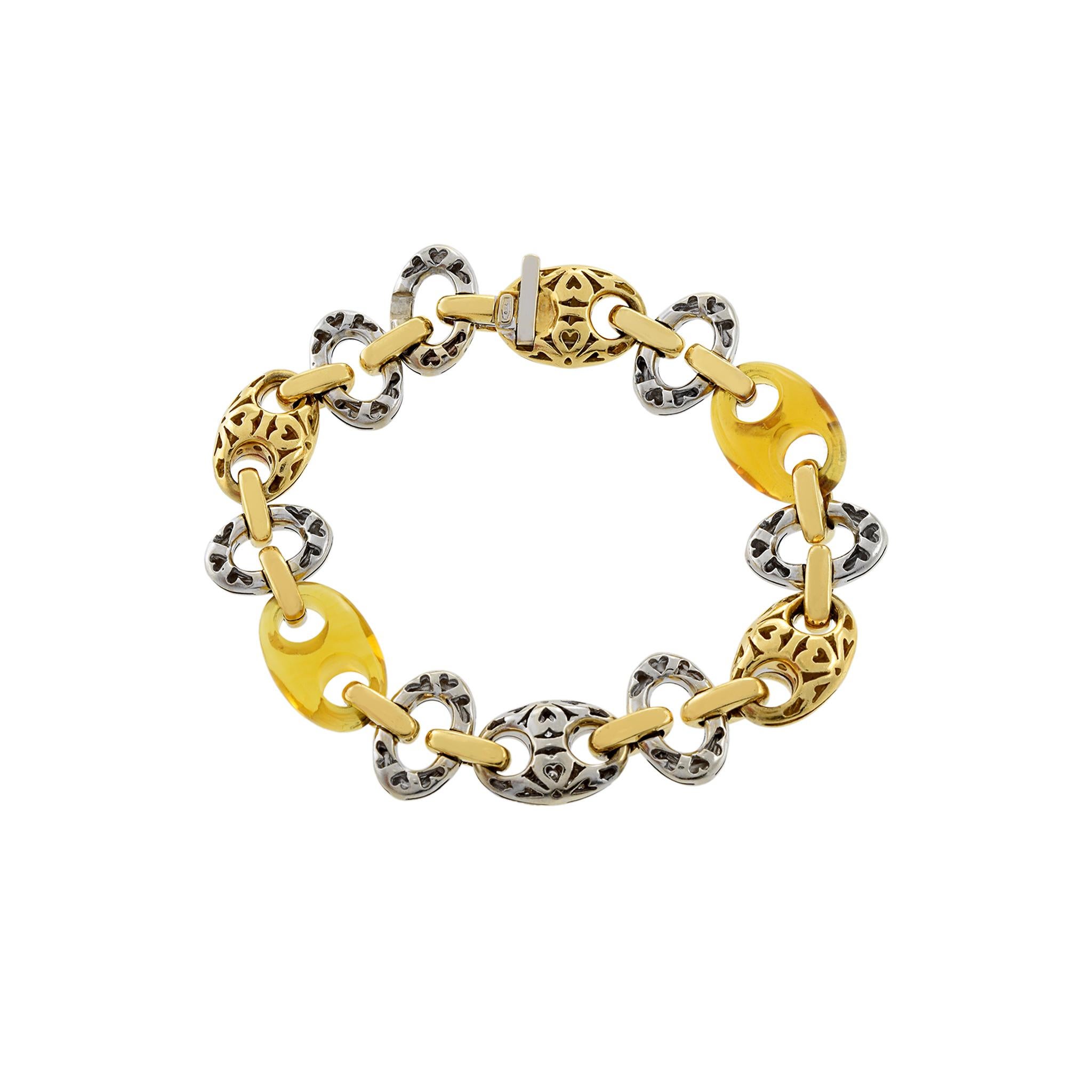 Women's Estate 18KT Two Tone Gold Amber And Diamond Link Bracelet
