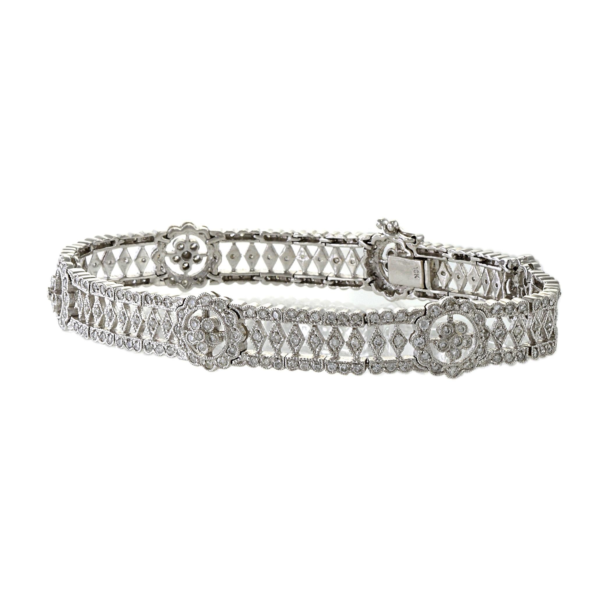 Retro Estate 18KT White Gold Fancy Flower Filigree Diamond Bracelet For Sale