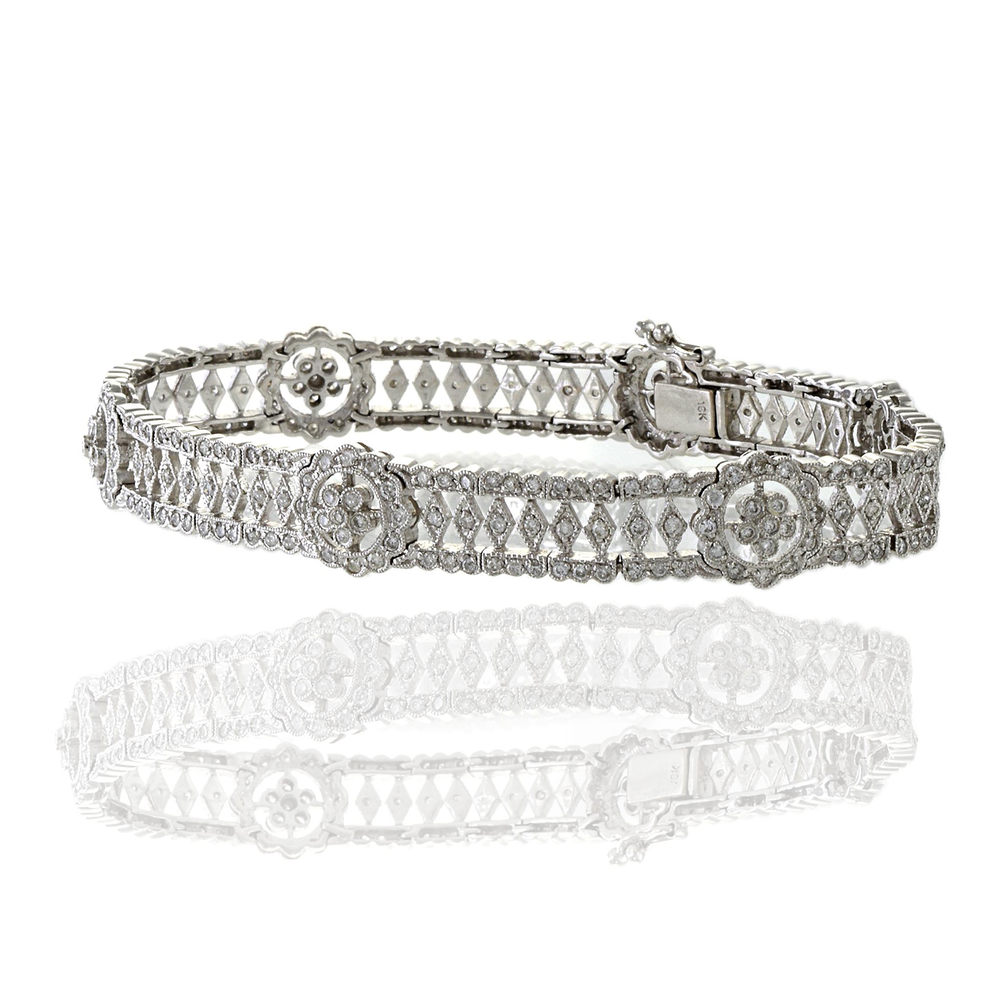 Round Cut Estate 18KT White Gold Fancy Flower Filigree Diamond Bracelet For Sale