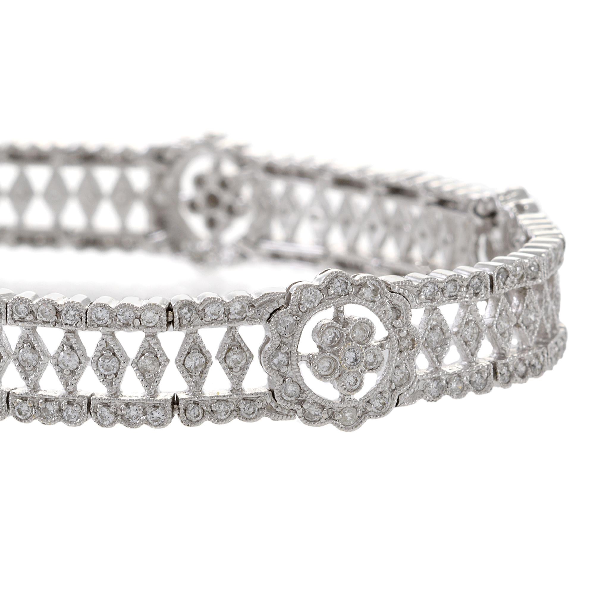 Women's Estate 18KT White Gold Fancy Flower Filigree Diamond Bracelet For Sale
