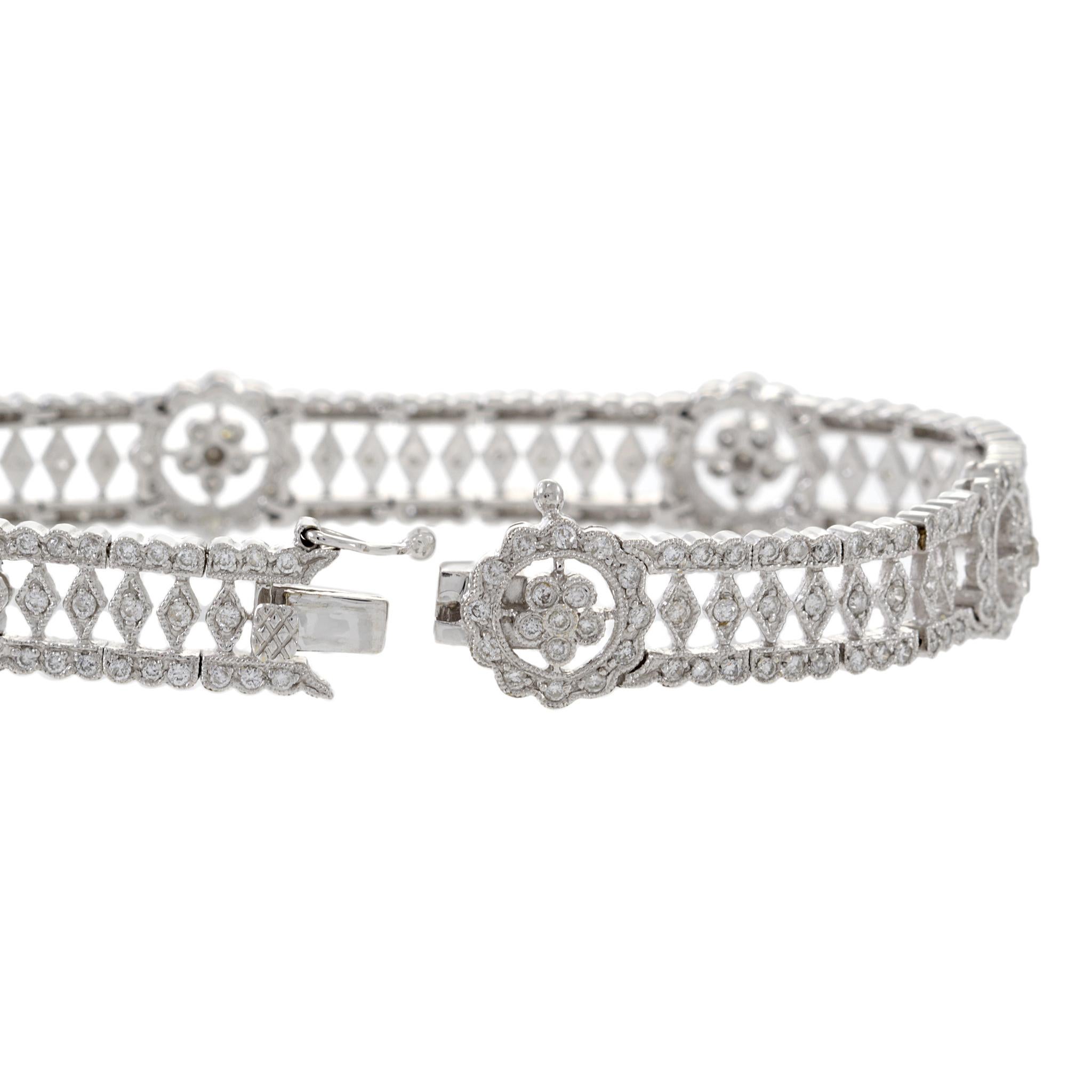 Estate 18KT White Gold Fancy Flower Filigree Diamond Bracelet For Sale 1