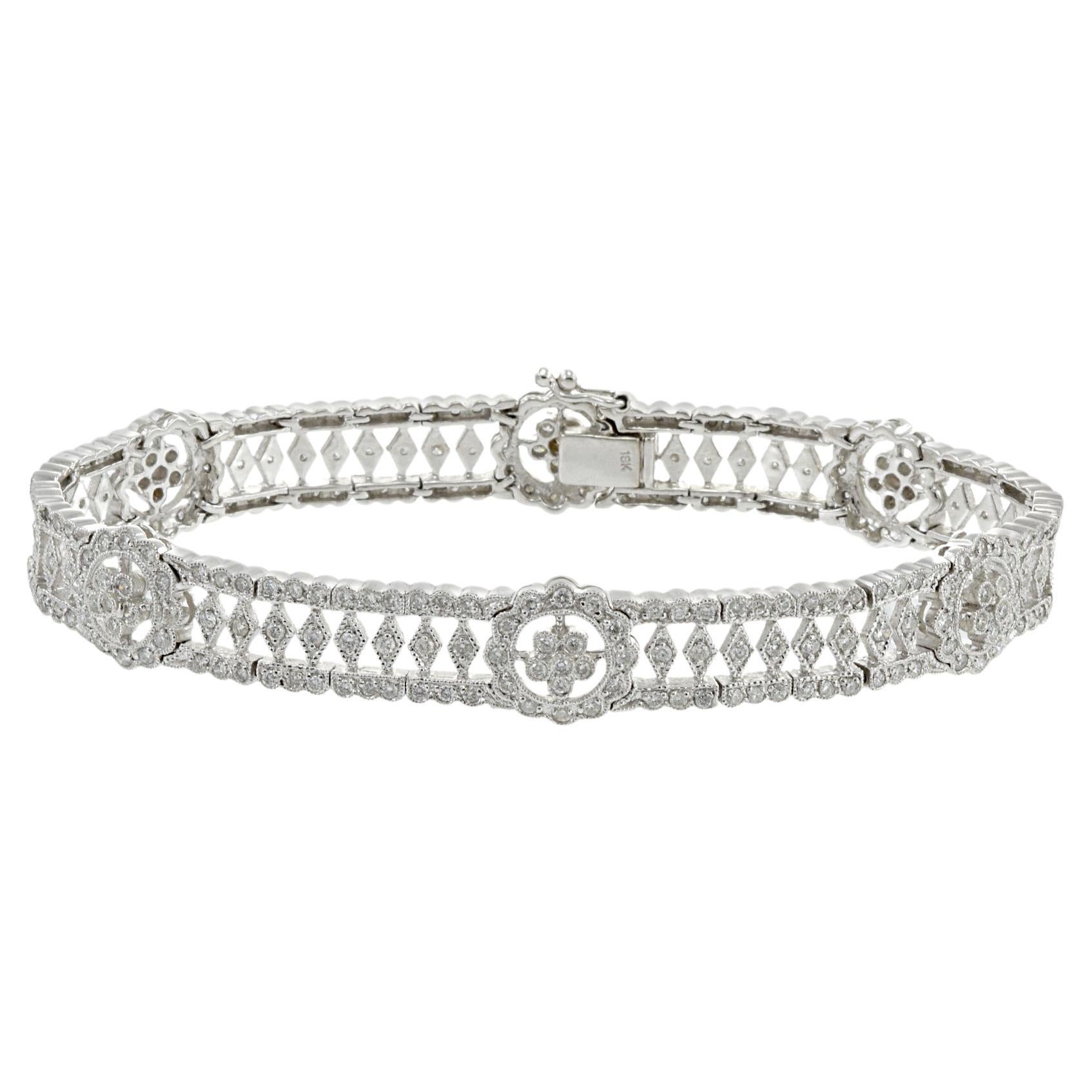 Estate 18KT White Gold Fancy Flower Filigree Diamond Bracelet