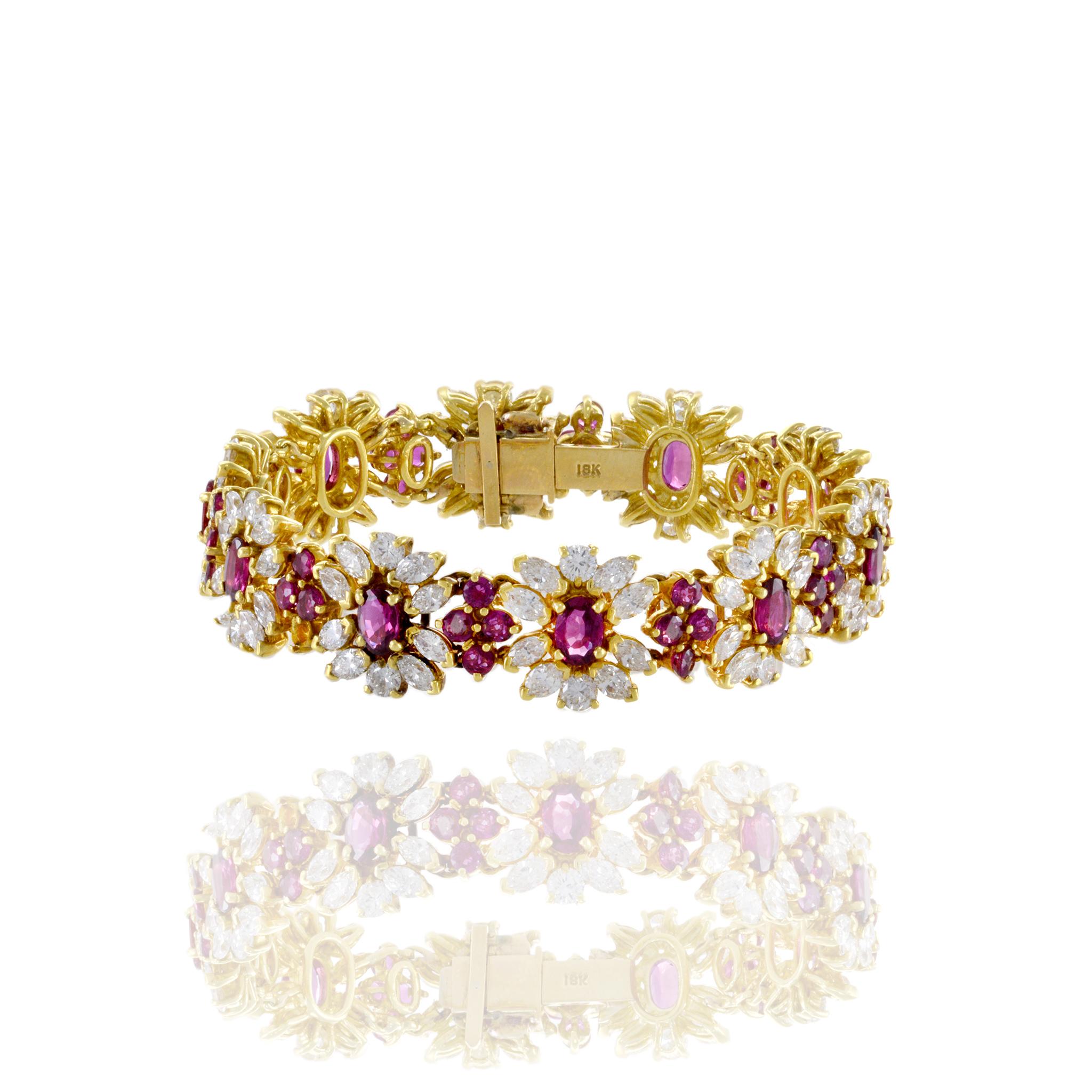 Retro Estate 18KT Yellow Gold Diamond And Ruby Bracelet For Sale