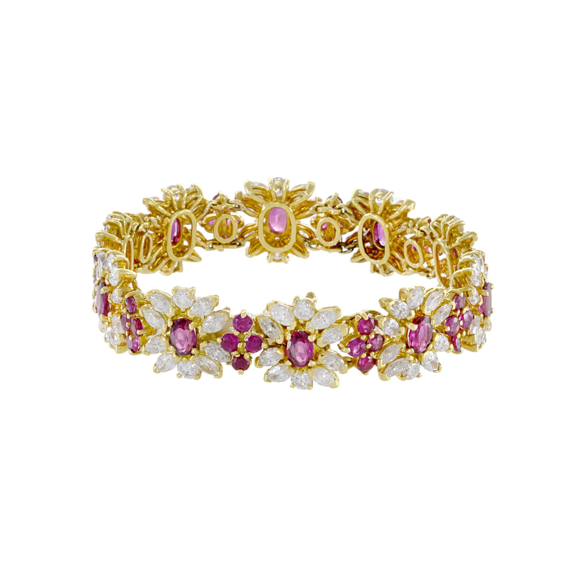 Round Cut Estate 18KT Yellow Gold Diamond And Ruby Bracelet For Sale