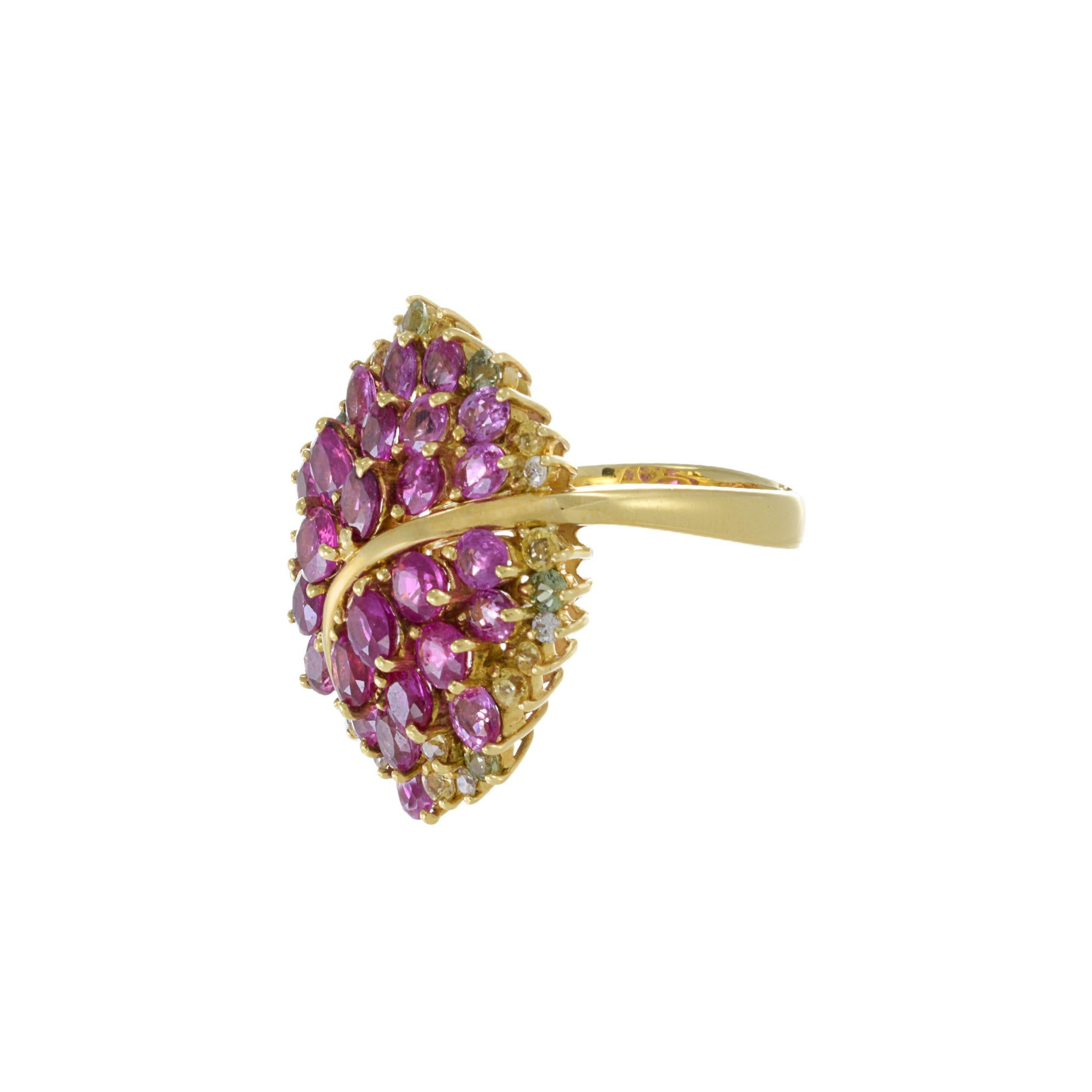 Modern Estate 18KT Yellow Gold Pink Sapphire And Diamond Ring For Sale