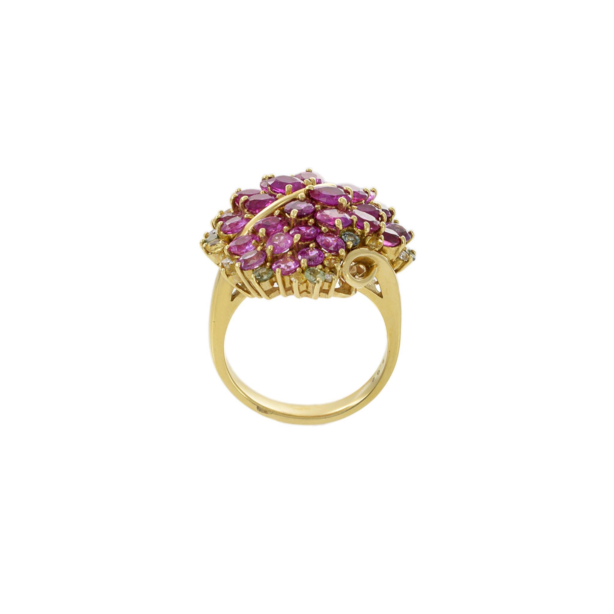 Women's or Men's Estate 18KT Yellow Gold Pink Sapphire And Diamond Ring For Sale