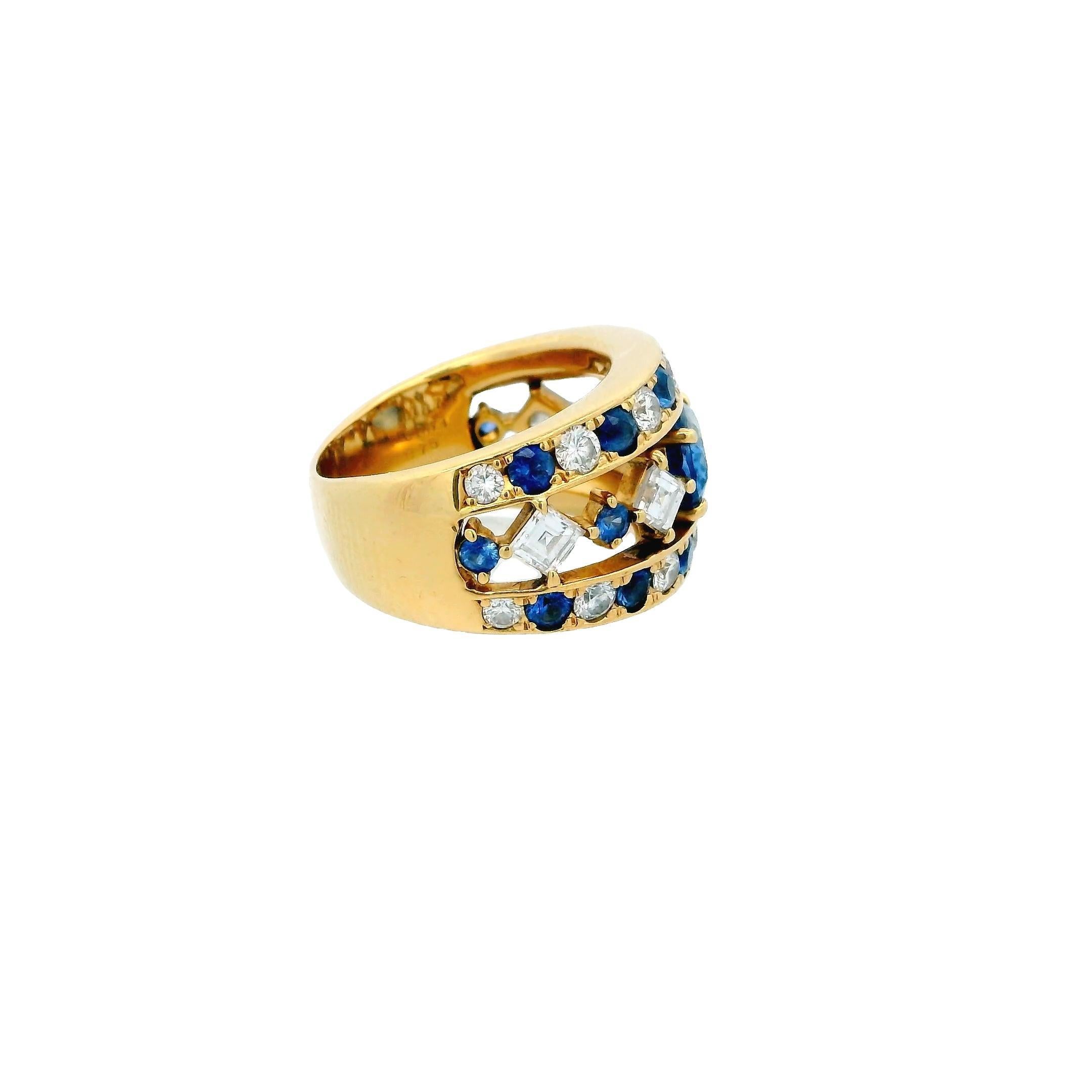 This striking and elegant ring features a stunning 1.95CT oval-shaped blue sapphire at its center, beautifully surrounded by a series of round and square-cut diamonds totaling 1.93CT of F-VS quality, along with 0.86CT of round-cut blue sapphires