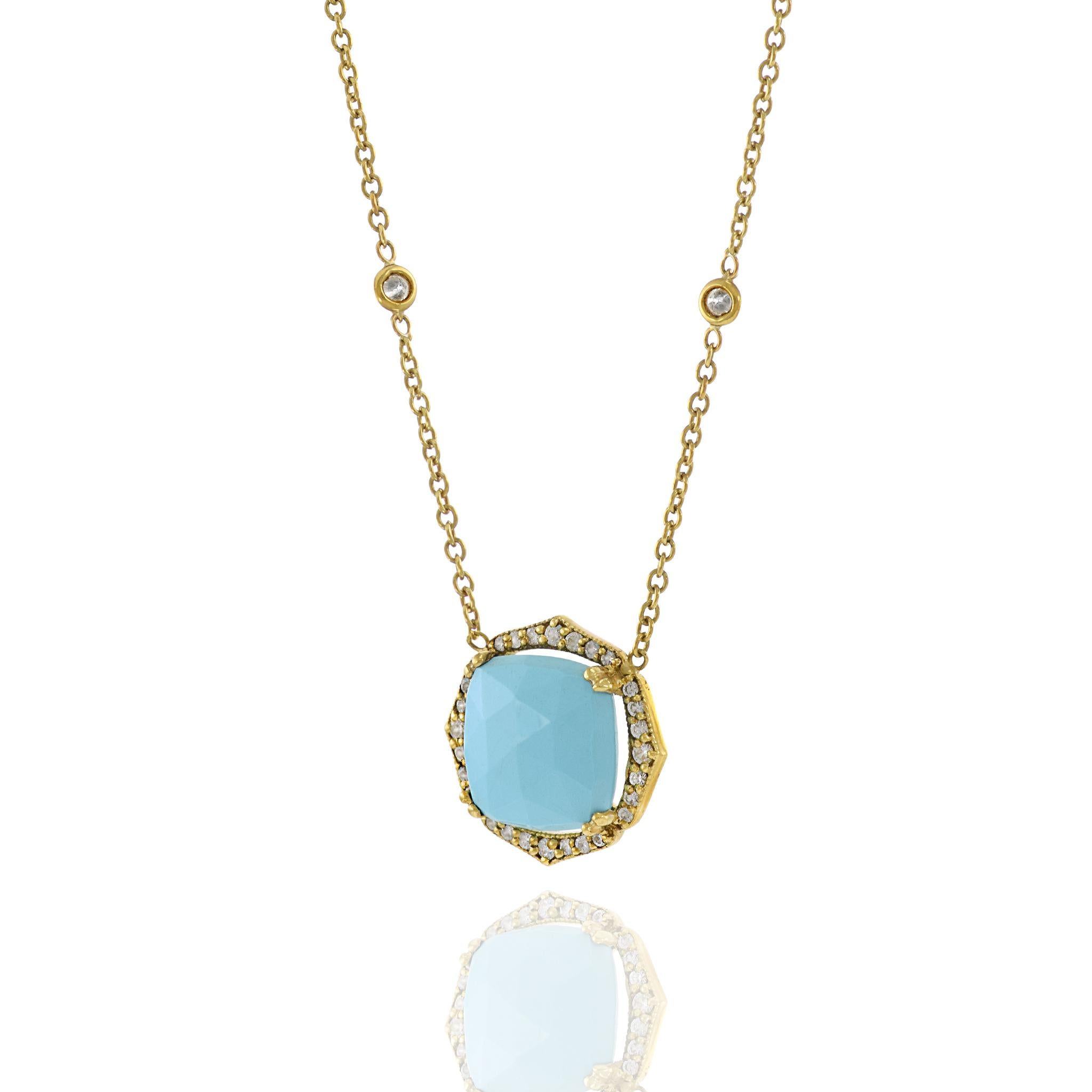 Square Cut Estate 18KT Yellow Gold Signed Penny Pruelle Turquoise And Diamond Necklace