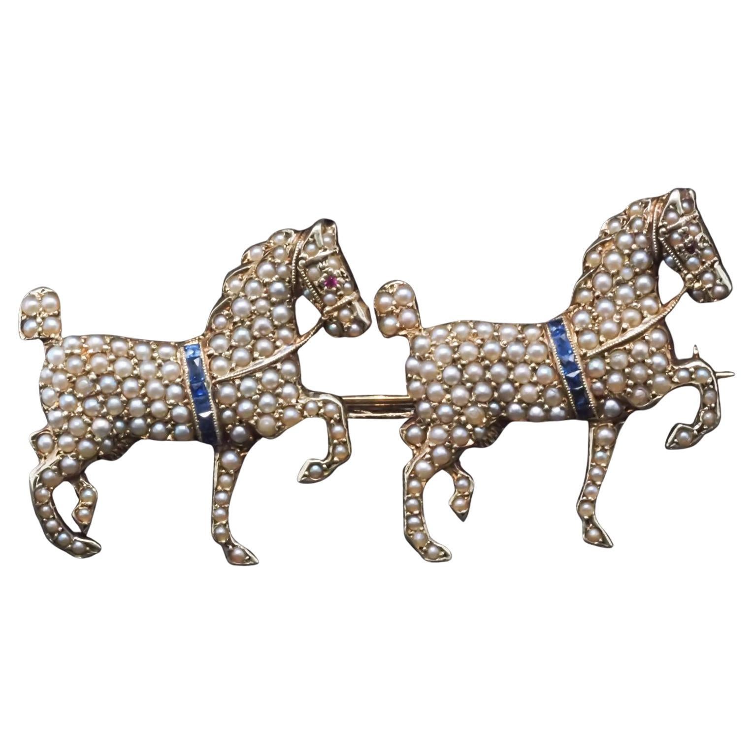 Estate 1900s Broche en or jaune 14K avec saphir et perles - VHK#653a en vente