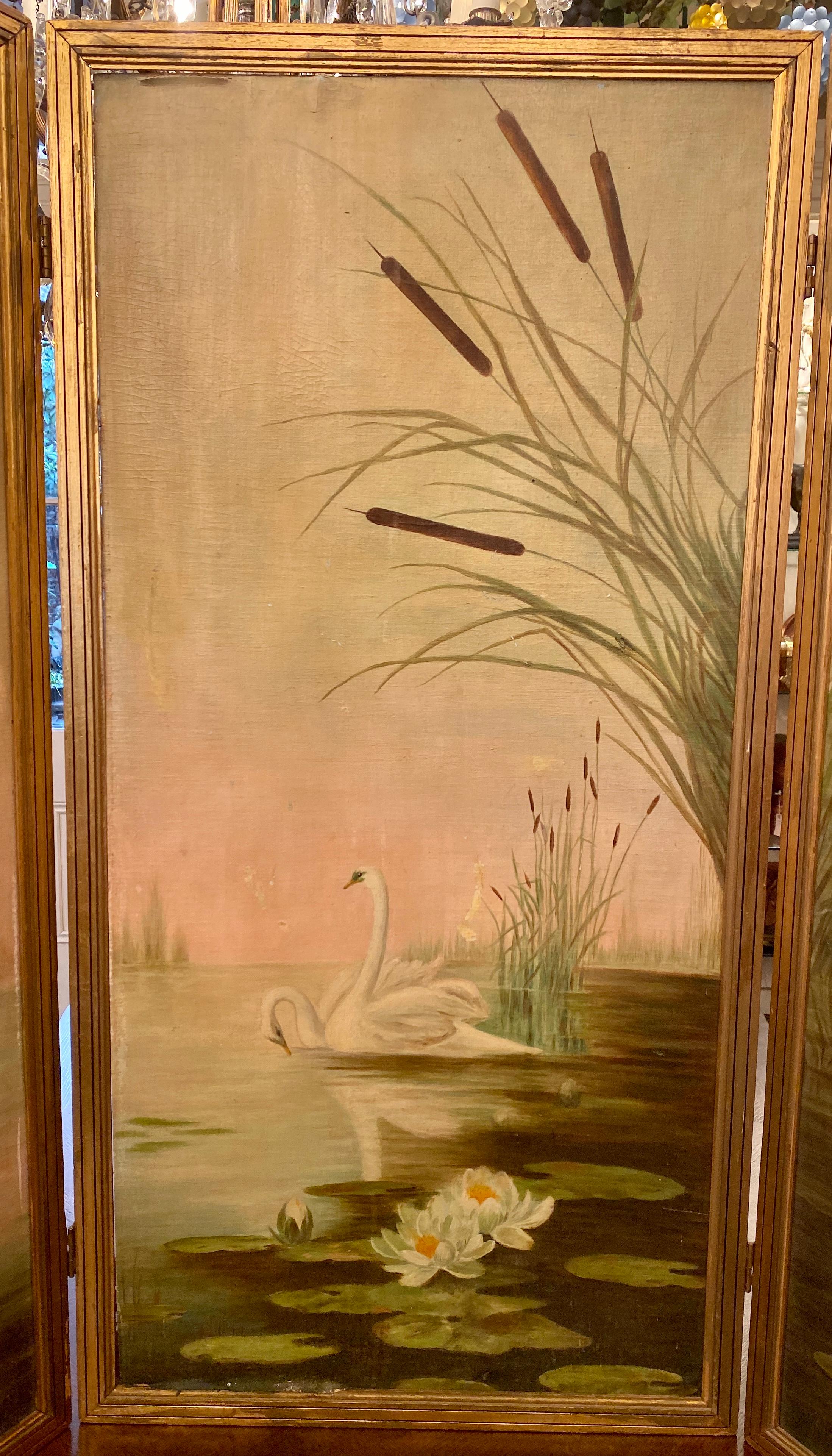 Aesthetic Movement Estate Three Paneled Art Nouveau Painted Oil on Canvas Landscape Screen
