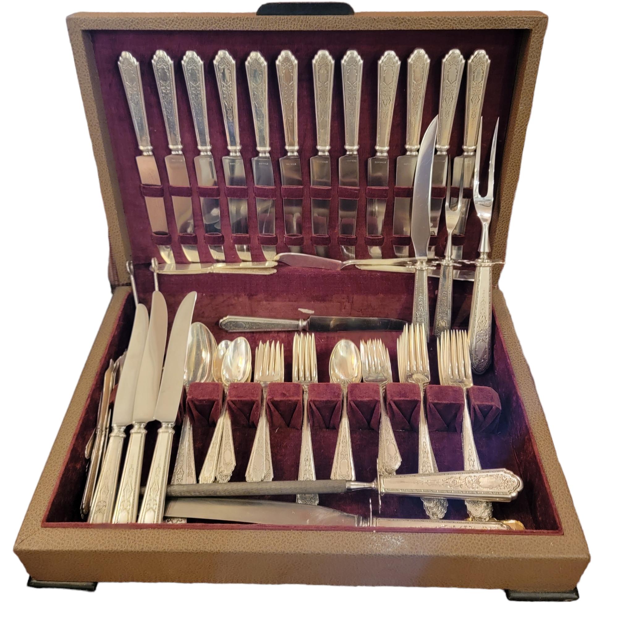 ESTATE 1921 TREASURE STERLING SILVER 91 PIECES FLATWARE SILVERWARE 925
Measurements are approximate and for box size - 17 wide x 15 deep x 4 high

Box will contain -

14 Dinner Knives

2 smaller dinner knives 

Large serving/ carving knife

Medium