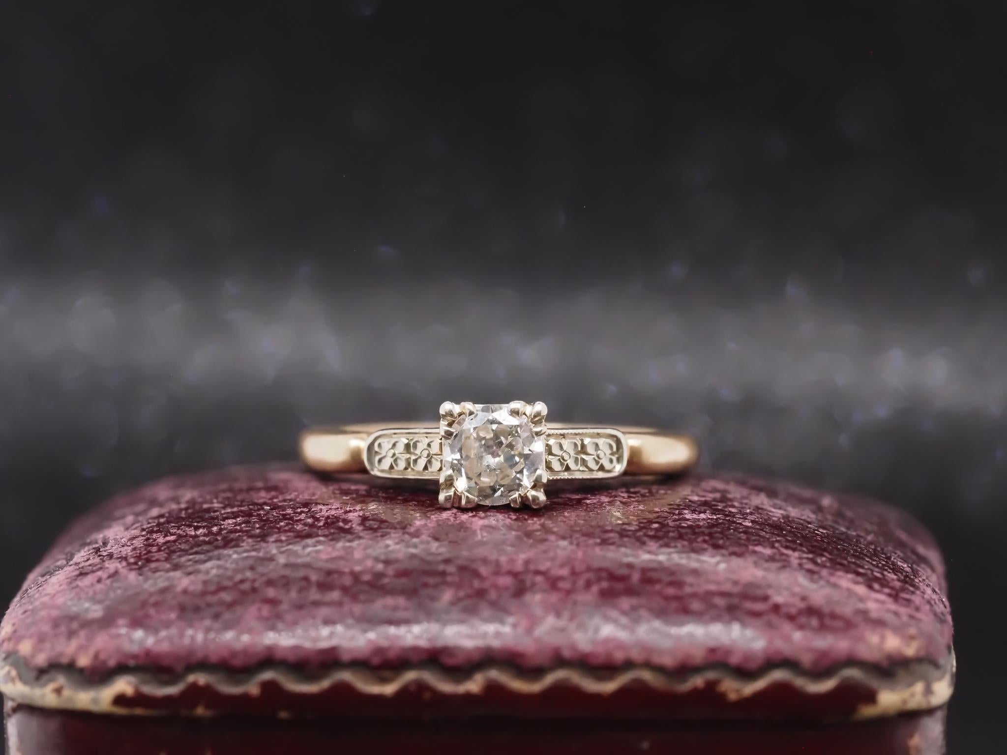Estate 1940s 14K Yellow Gold .50ct Old European Diamond Engagement Ring - VHK#979

Item Details:
Year: 1940s
Ring Size: 8.25 (Sizable)
Metal Type: 14K Yellow Gold and White Gold Head [Hallmarked, and Tested]
Weight: 2.9 grams

Center Diamond