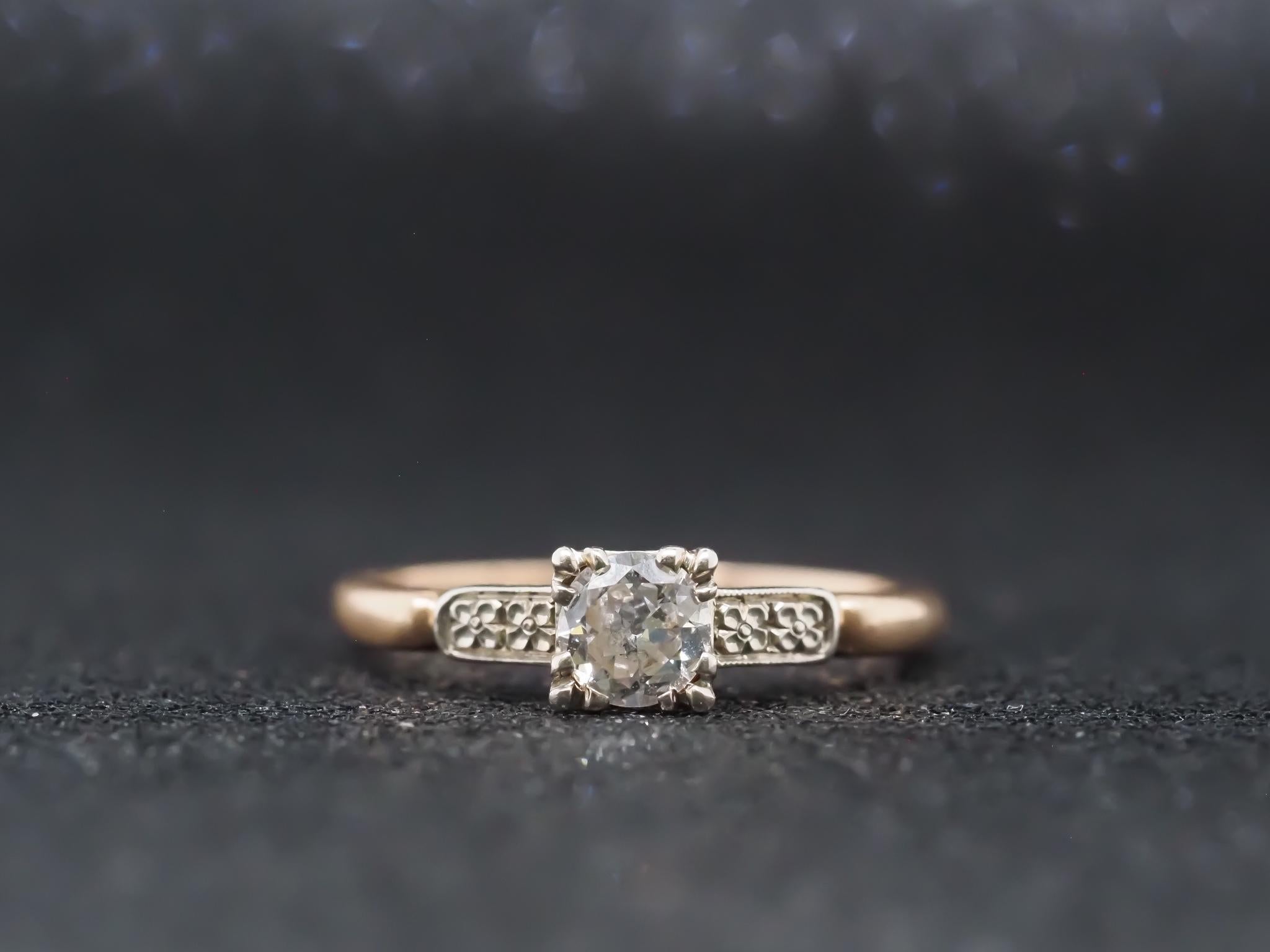 Anillo de compromiso de diamantes antiguos europeos de oro amarillo de 14 quilates de la década de 1940 - VHK#97