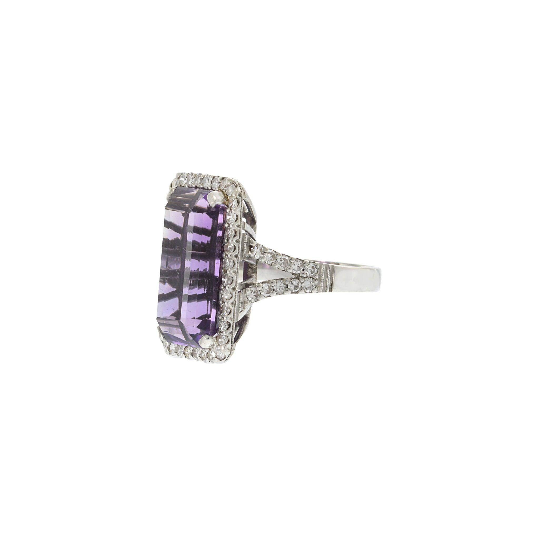 Retro Estate 1940s 18KT White Gold Amethyst And Diamond Ring For Sale