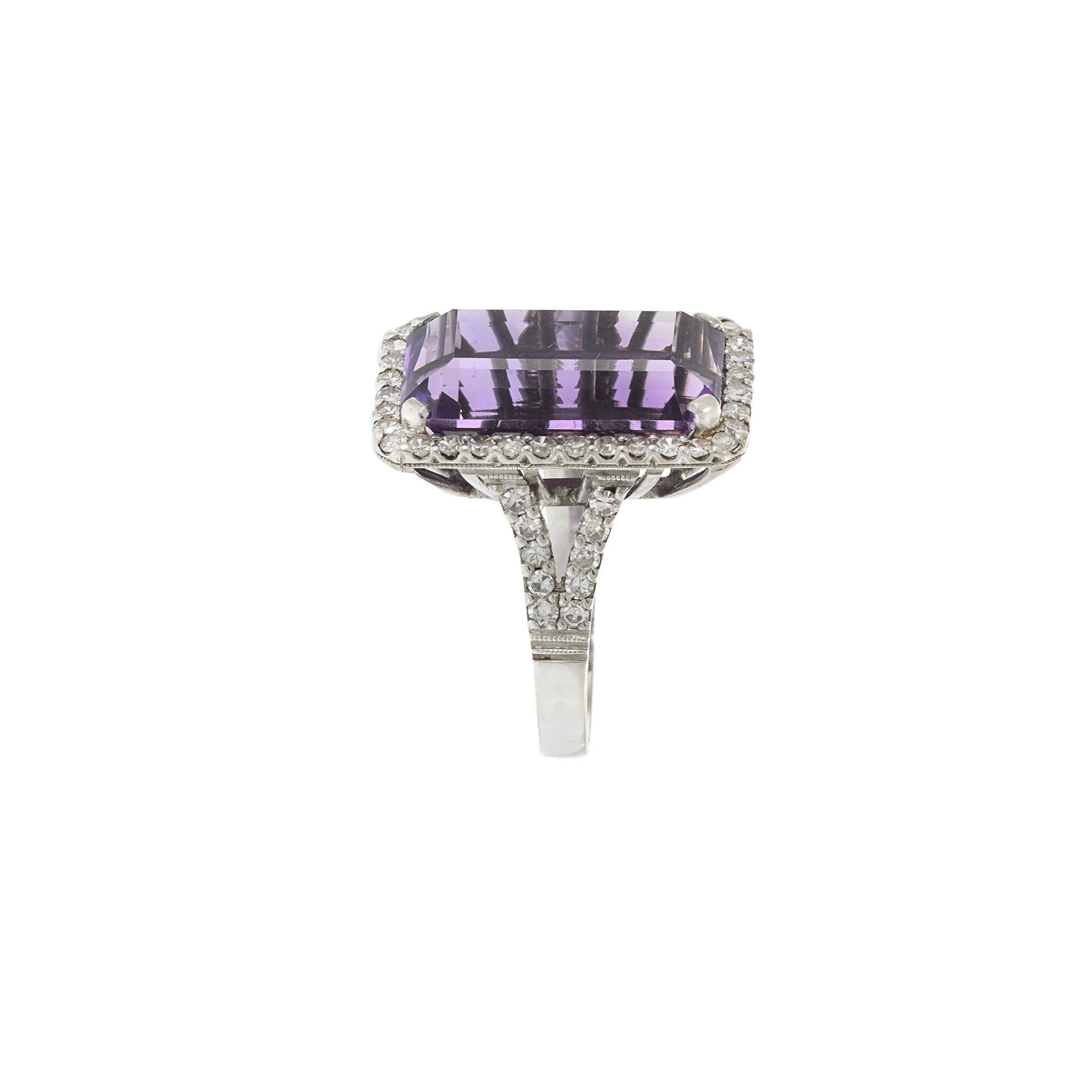 Round Cut Estate 1940s 18KT White Gold Amethyst And Diamond Ring For Sale