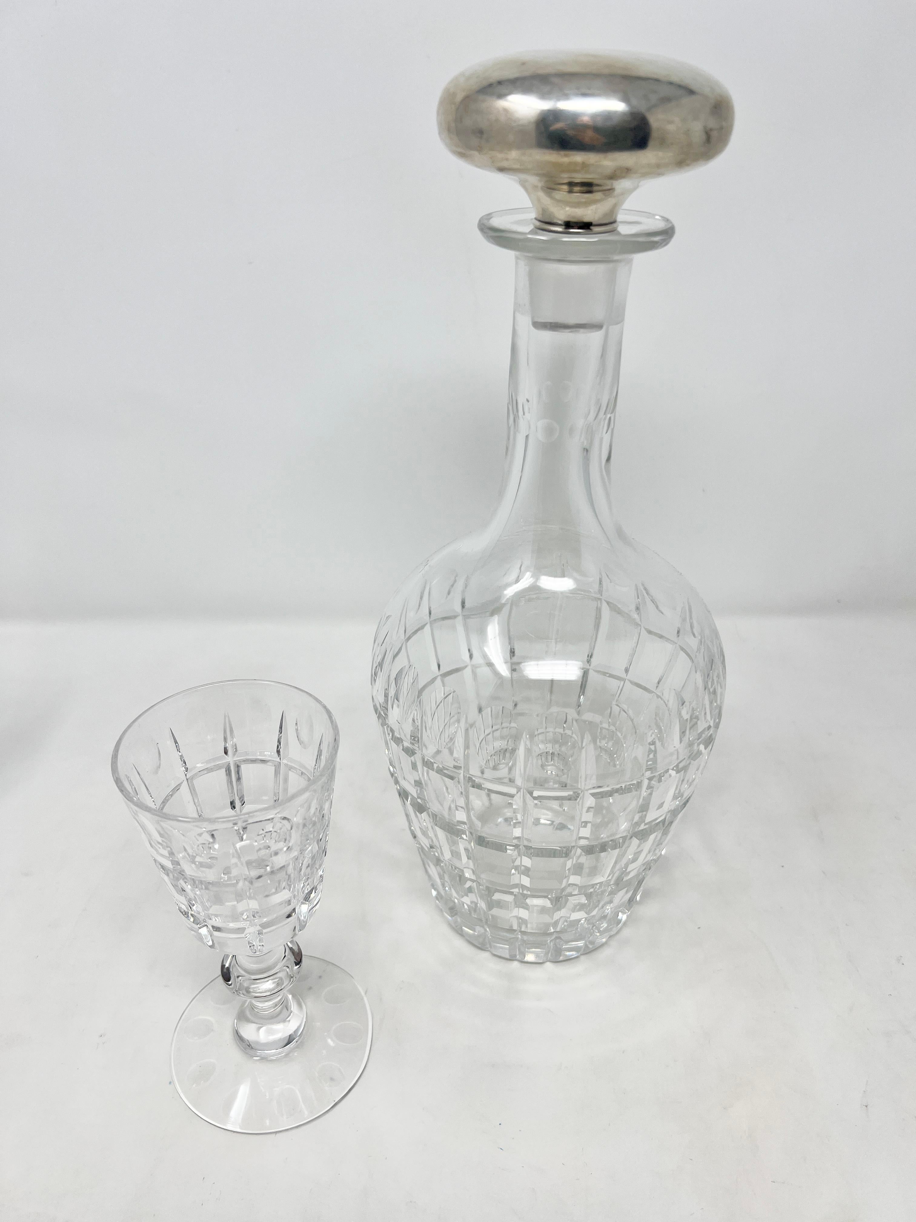 Estate American Cut Crystal Decanter with Sterling Silver Mounting Stopper and 6 Cordial Glasses Signed 