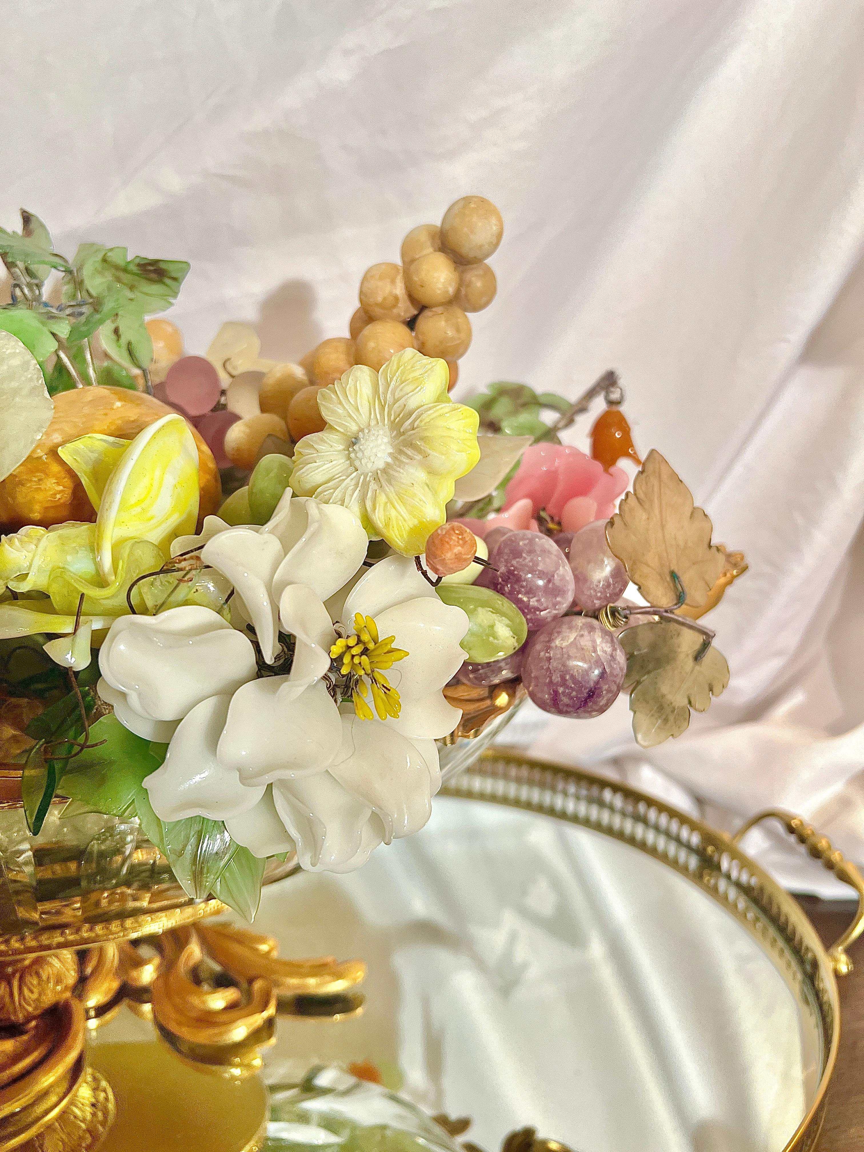 French Estate 1950's Gold Bronze Bowl & Plateau Centerpiece with Glass Flowers & Fruit. For Sale