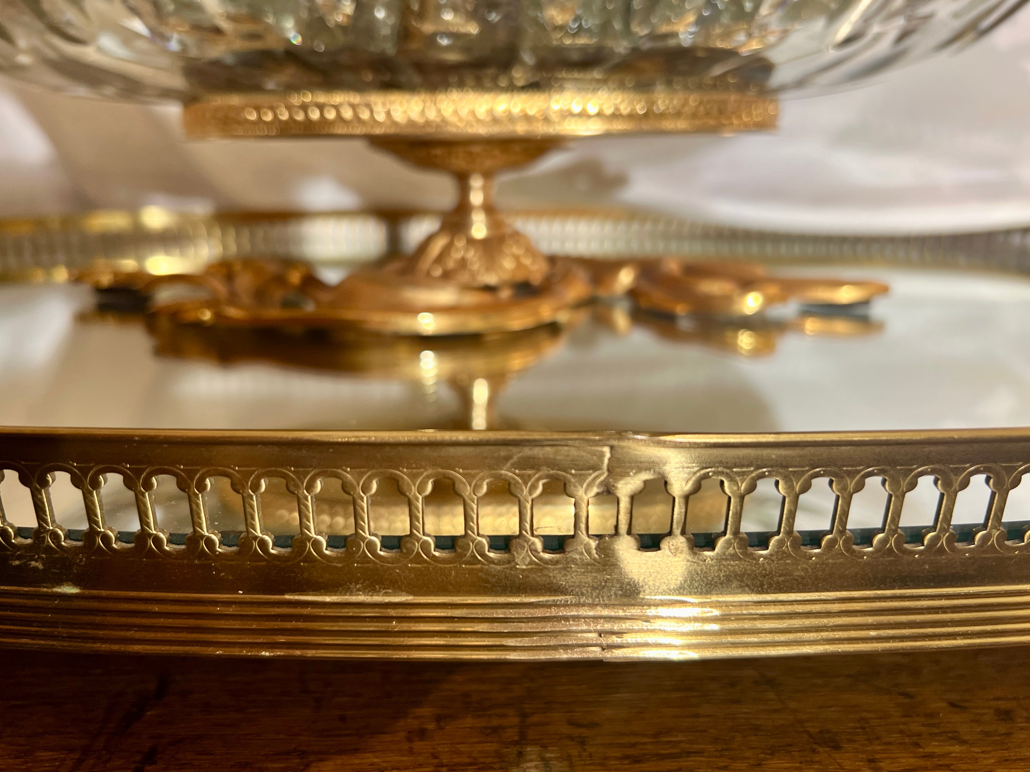 20th Century Estate 1950's Gold Bronze Bowl & Plateau Centerpiece with Glass Flowers & Fruit. For Sale