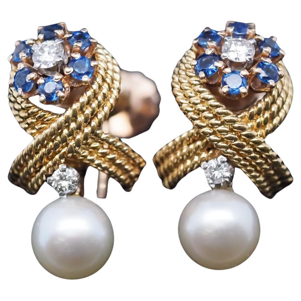 Estate 1950s Tiffany 
Co. Sapphire, Diamond and Pearl Drop Earrings - VHK#843a