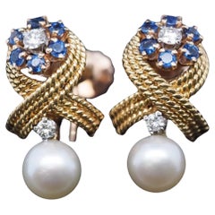 Estate 1950s Tiffany & Co. Sapphire, Diamond and Pearl Drop Earrings - VHK#843a