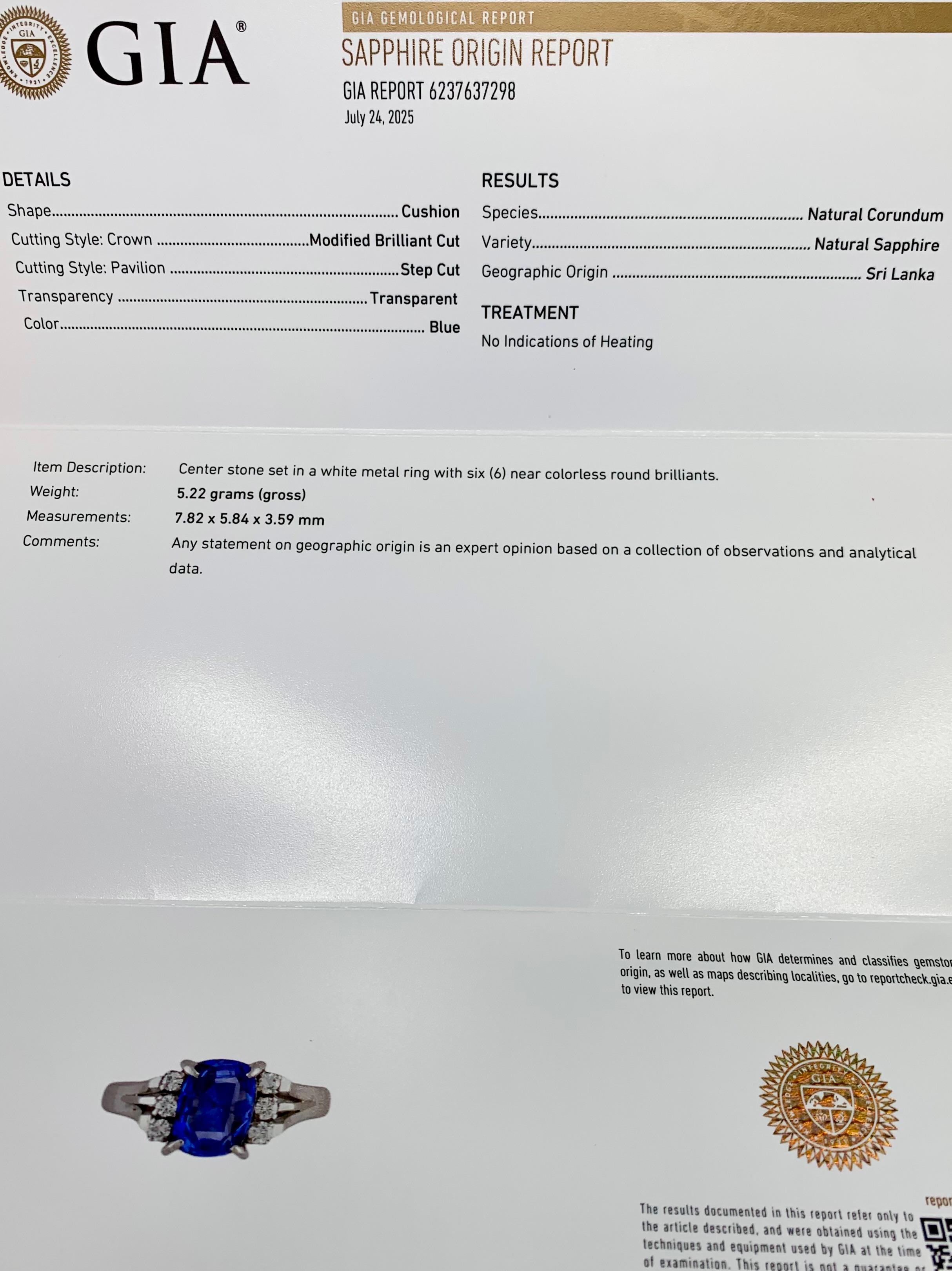 Estate 1960's Platinum Cushion Ceylon Sapphire Diamond Ring GIA NO HEAT 1,82ctw im Angebot 3