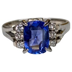 Estate 1960’s Platinum Cushion Ceylon Sapphire Diamond Ring GIA NO HEAT 1.82ctw