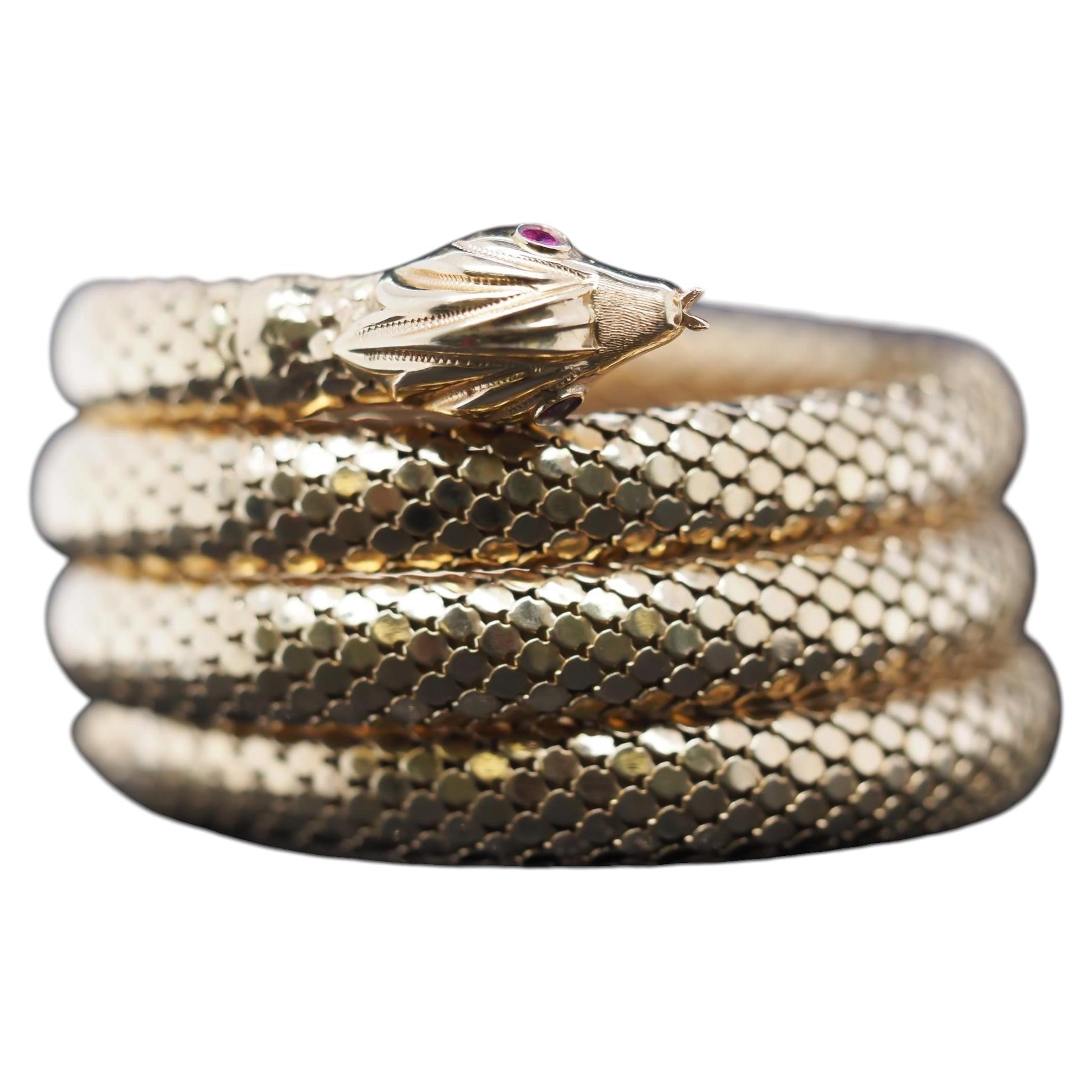 Estate 1960s Vintage 18K Serpent Snake Wrap Around Bangle with Ruby Eyes