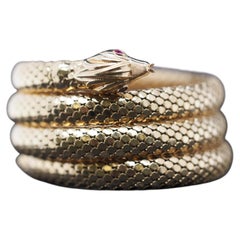 Estate 1960s Vintage 18K Serpent Snake Wrap Around Bangle with Ruby Eyes