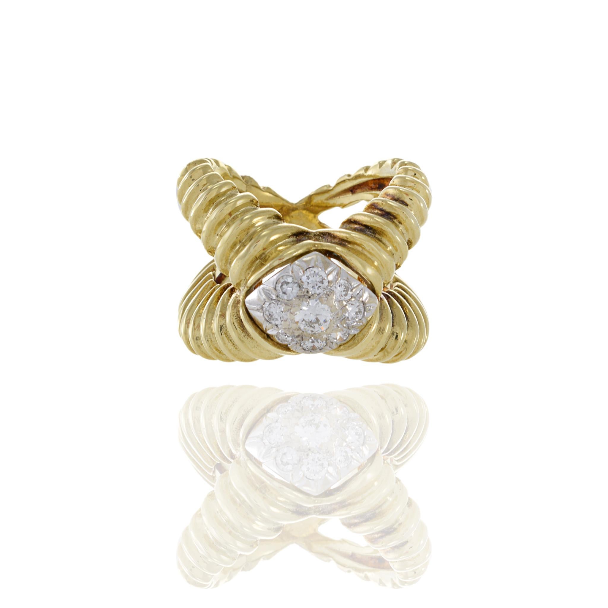Modern Estate 1970s 18KT Yellow Gold Diamond Crossover Wrap Ring For Sale