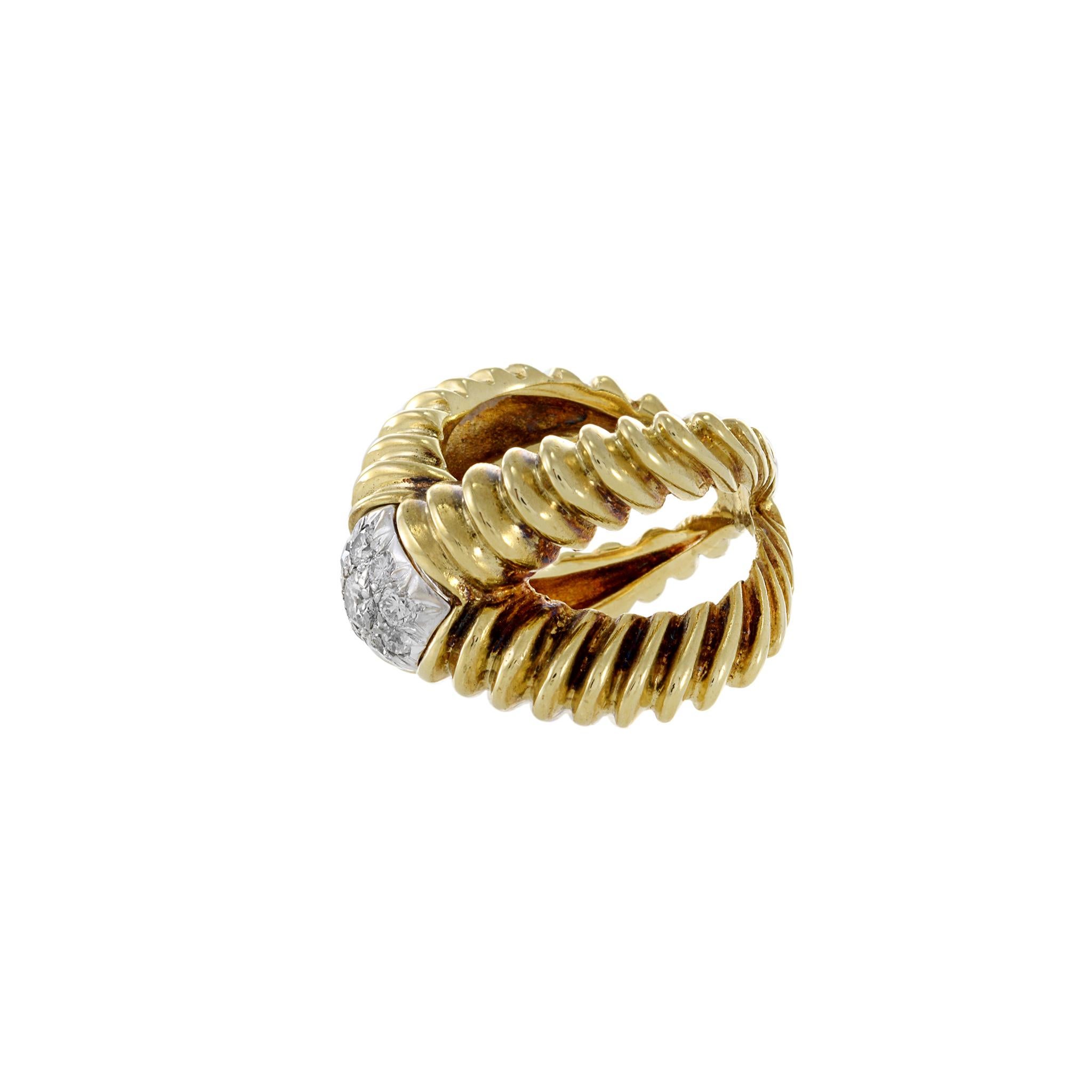 Round Cut Estate 1970s 18KT Yellow Gold Diamond Crossover Wrap Ring For Sale