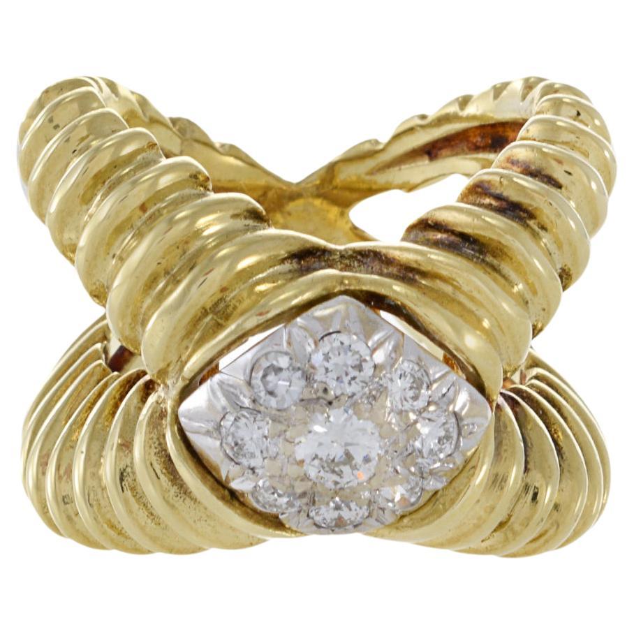 Anillo cruzado de diamantes en oro amarillo de 18 quilates de los años 70