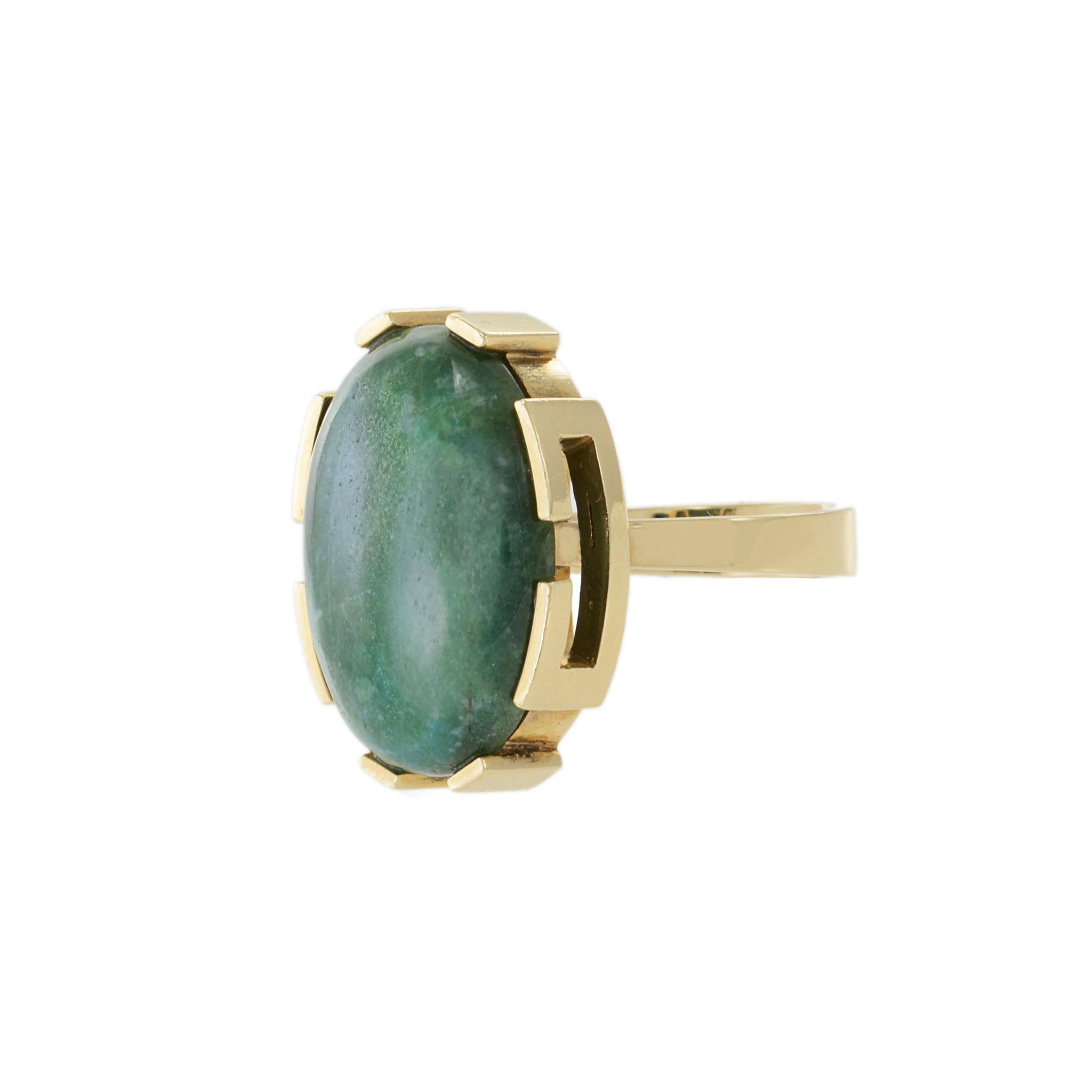 Modern Estate 1970s 18KT Yellow Gold Oval Green Jade Ring For Sale