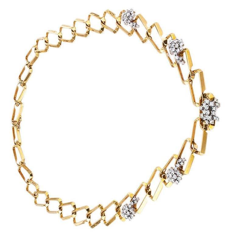 Round Cut  1970s Long Diamond Yellow Gold Link Necklace