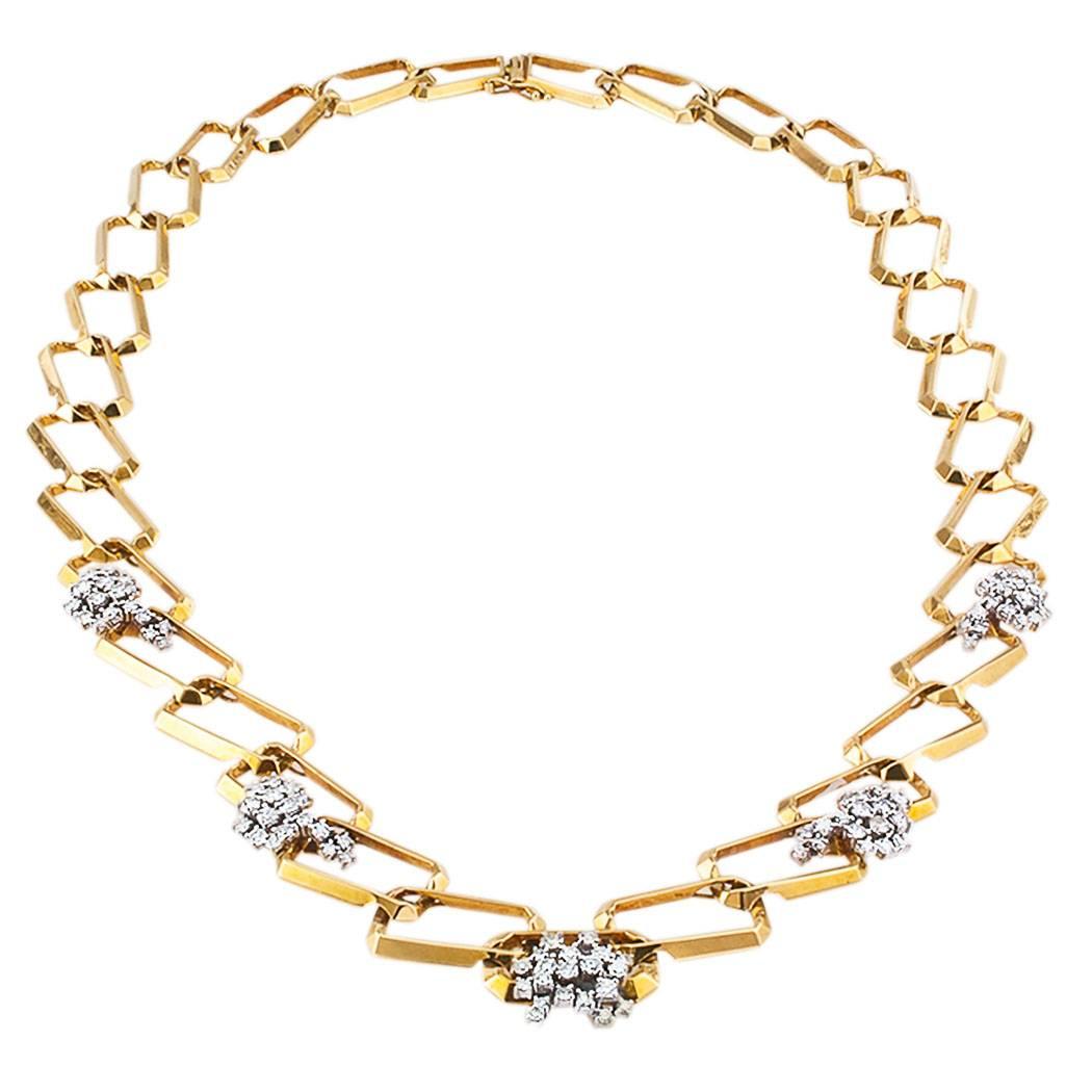  1970s Long Diamond Yellow Gold Link Necklace