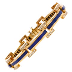Estate 1980s Blue Lapis Diamond 18 Karat Yellow Gold Link Bracelet