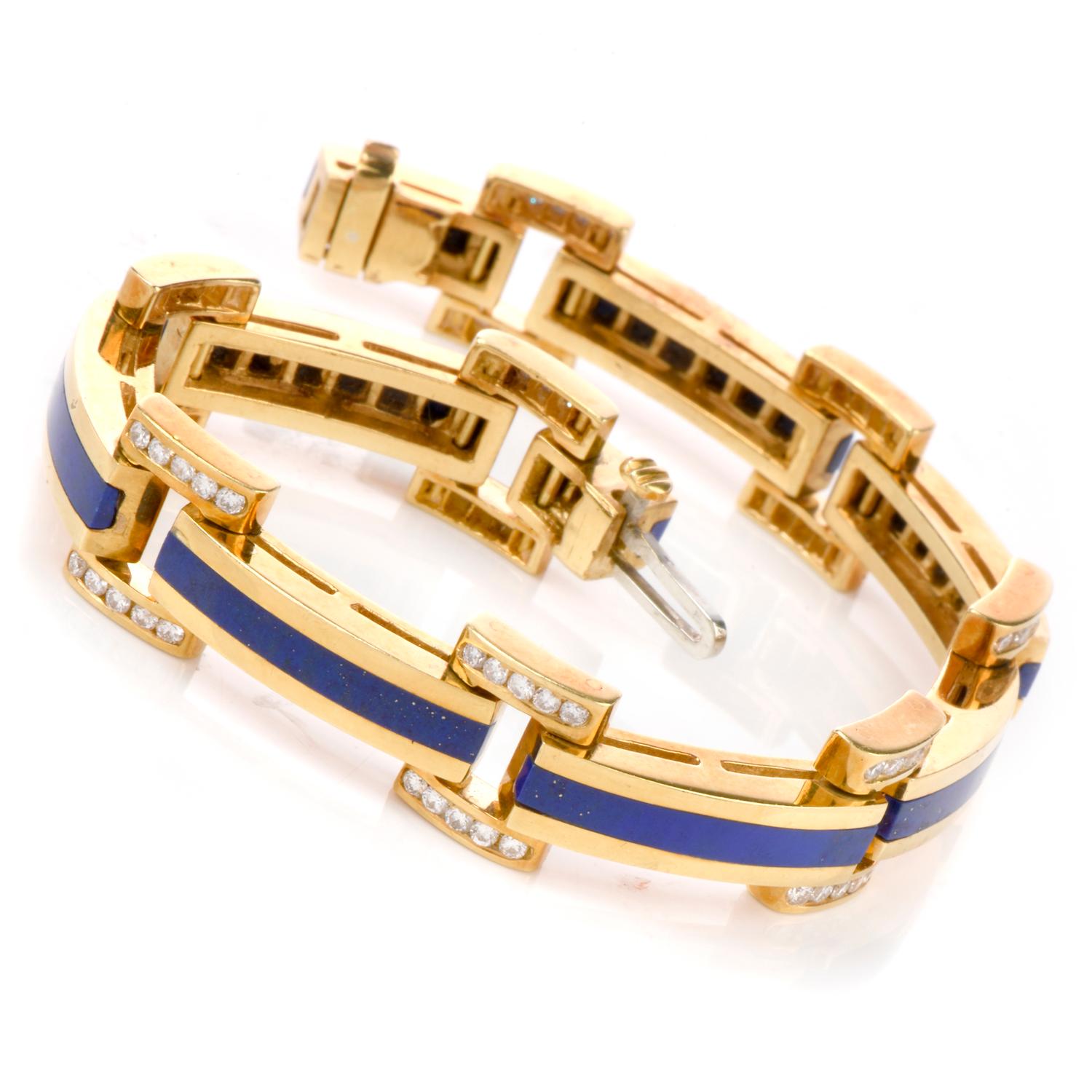 This high quality 1980's Diamond and Blue lapis bracelet was

inspired in a classic art deco design and crafted in 18k gold.

Alternating diagonal stripes of Diamond and Blue Enamel adorn this piece.

80 fine round-cut diamonds weighing approx.1.50