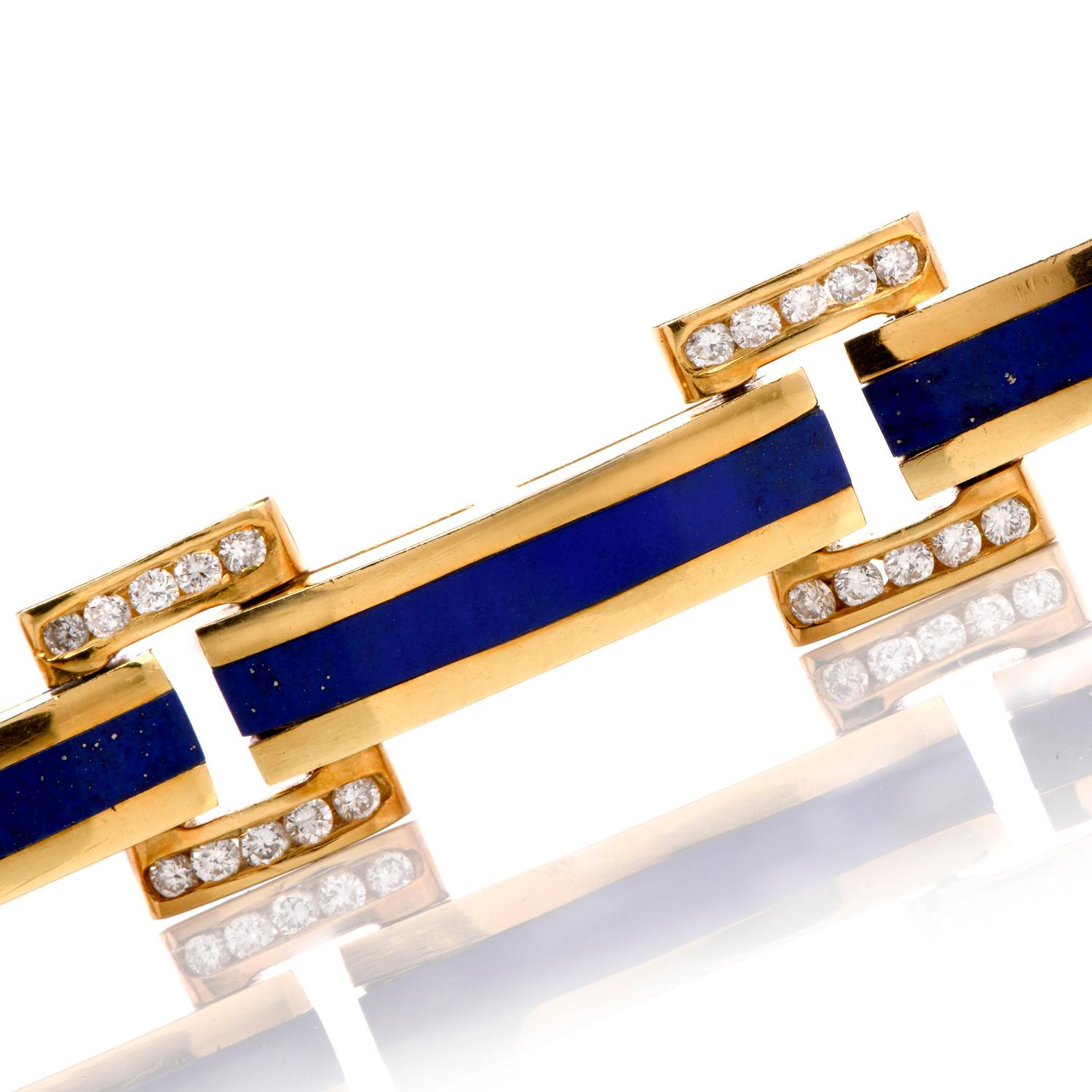 Artisan Estate 1980s Blue Lapis Diamond 18 Karat Yellow Gold Link Bracelet